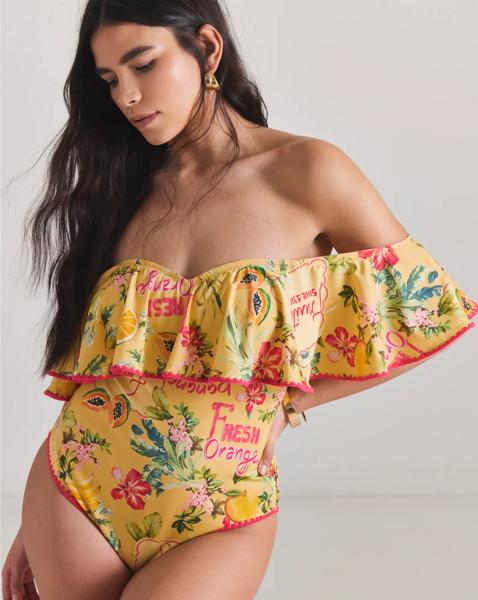 Figleaves Fruit Print Bardot Tummy Control Swimsuit