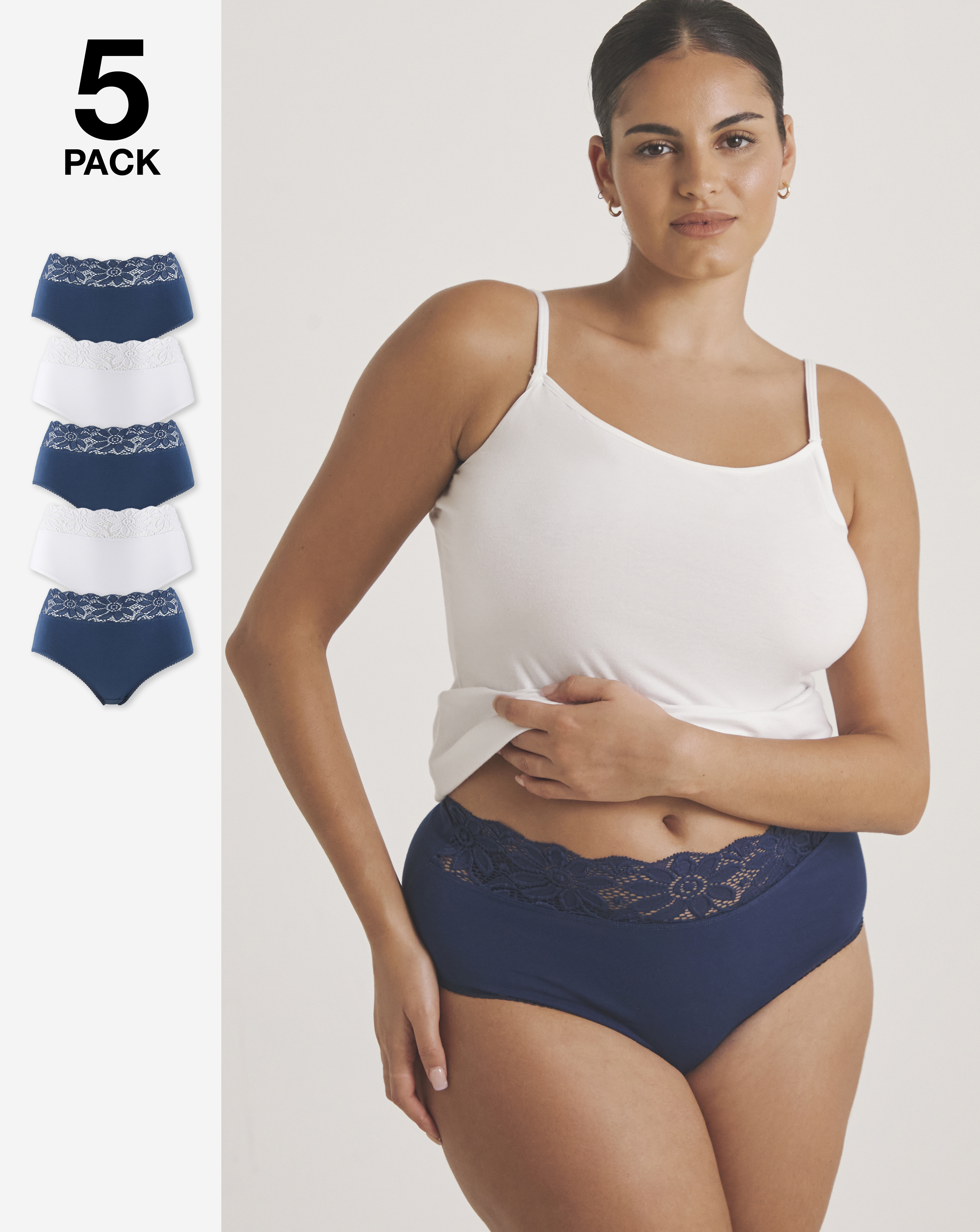 Pretty Secrets Plus Size 5 Pack Lace Top Full Fit Briefs In Navy/white | UK Size 20/22 Women's