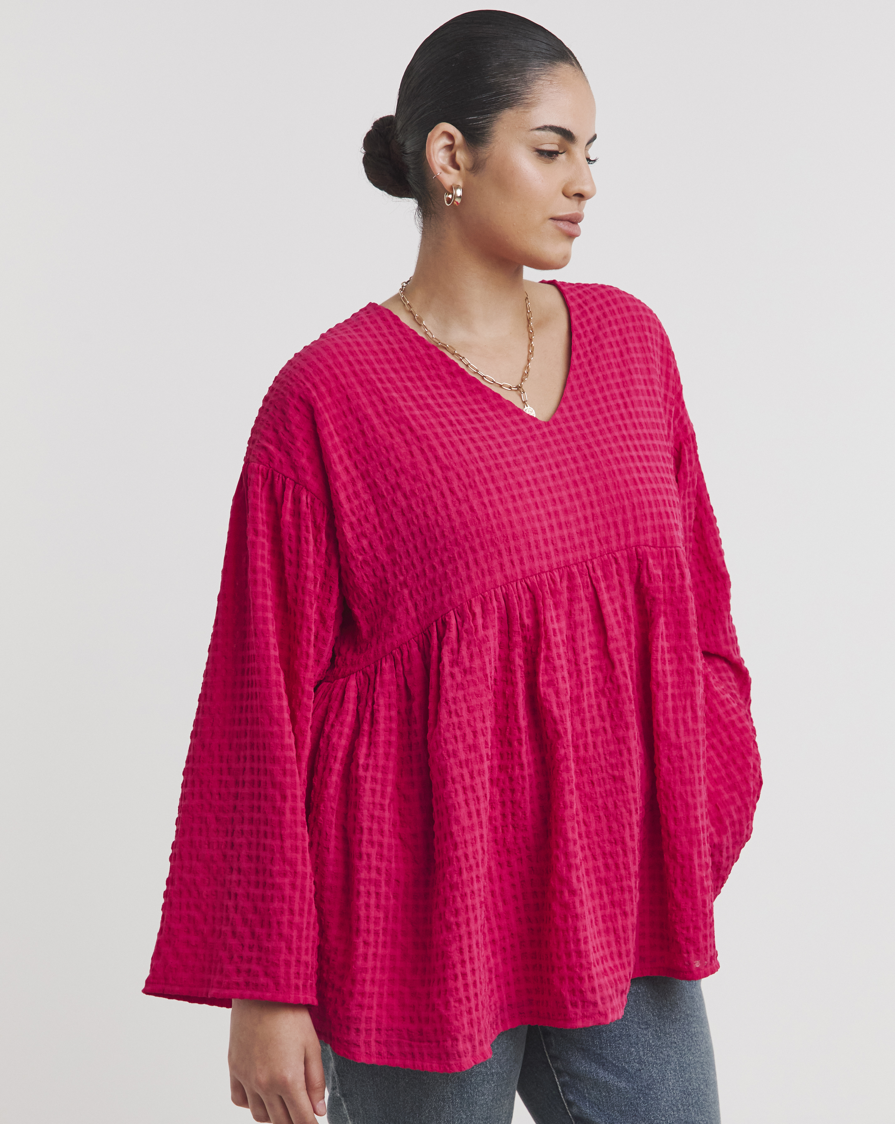 Pink Textured V Neck Blouse