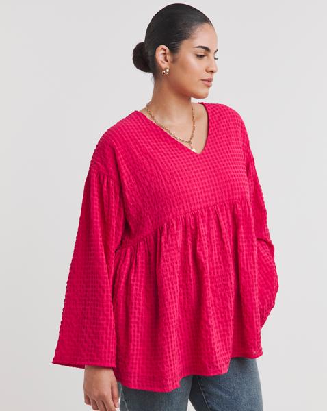 Pink Textured V Neck Blouse