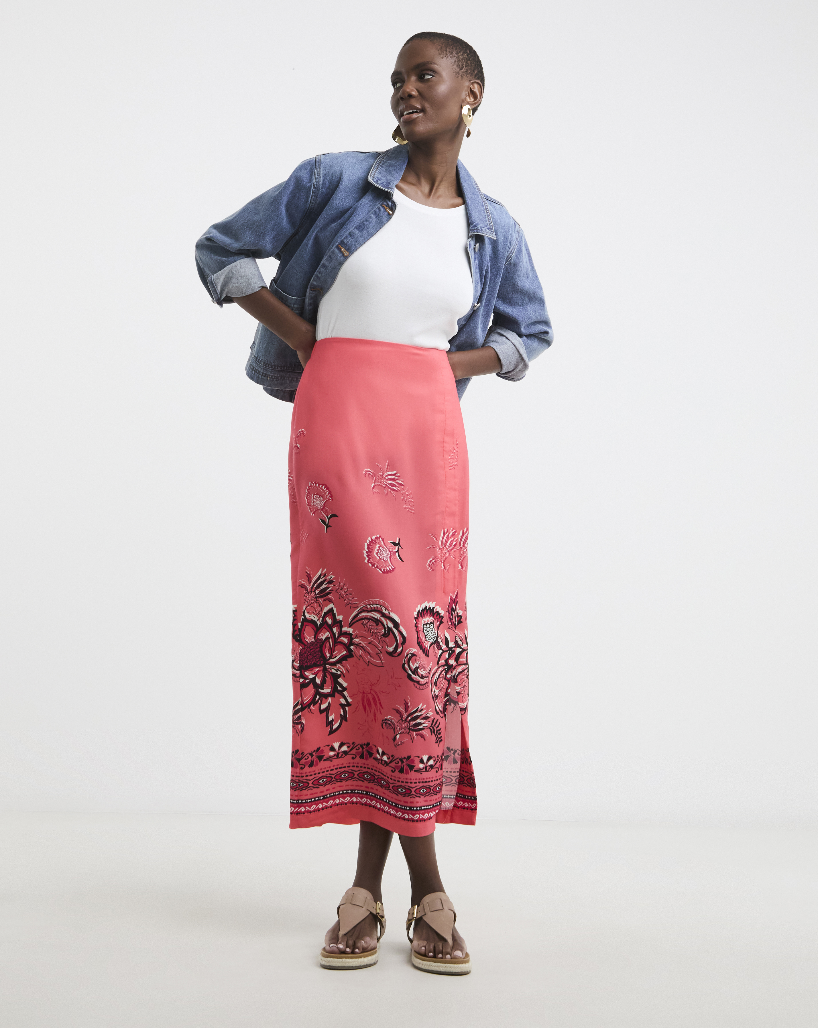 Border Print Midi Wrap Skirt