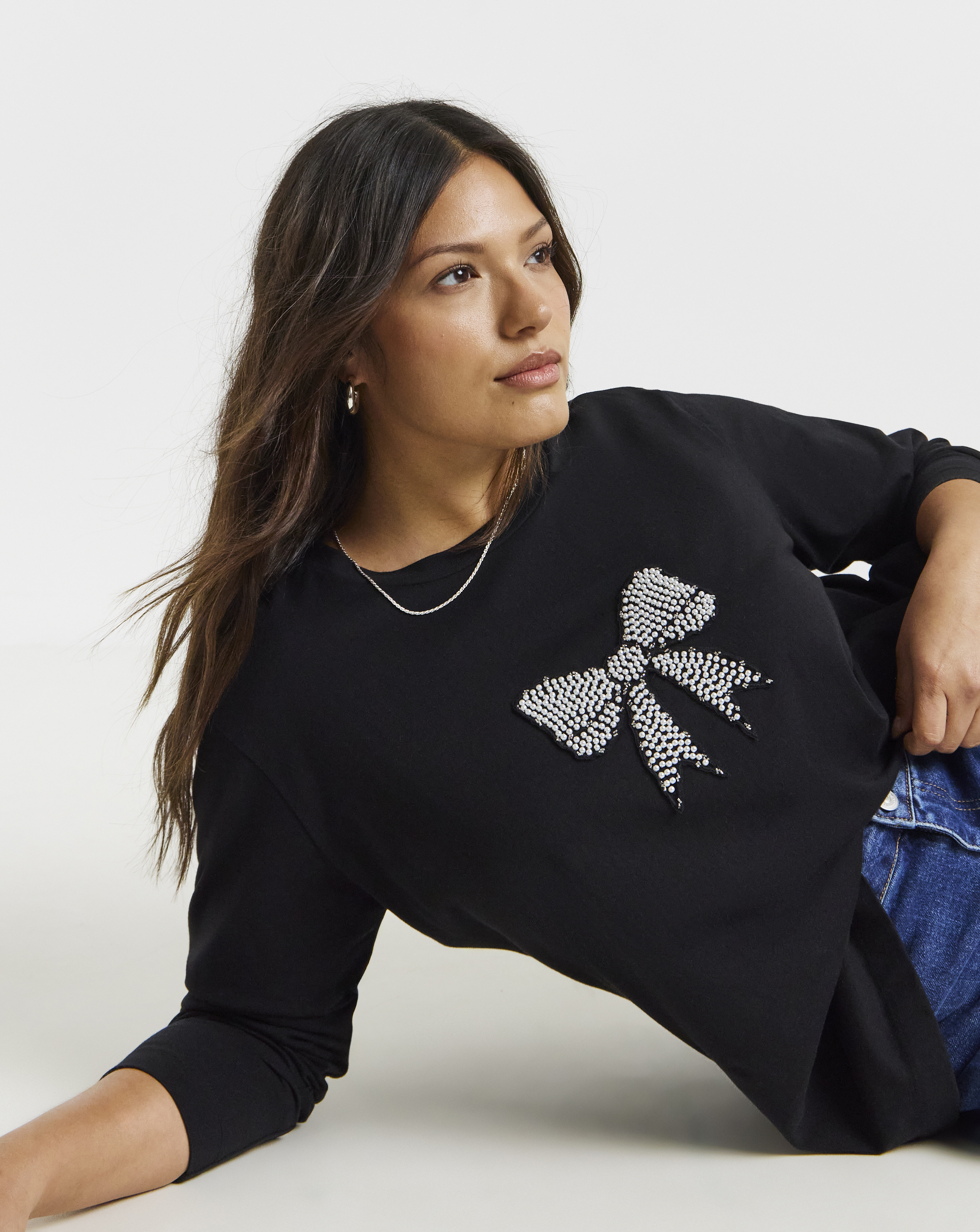 Pearl Bow Detail Long Sleeve T-Shirt