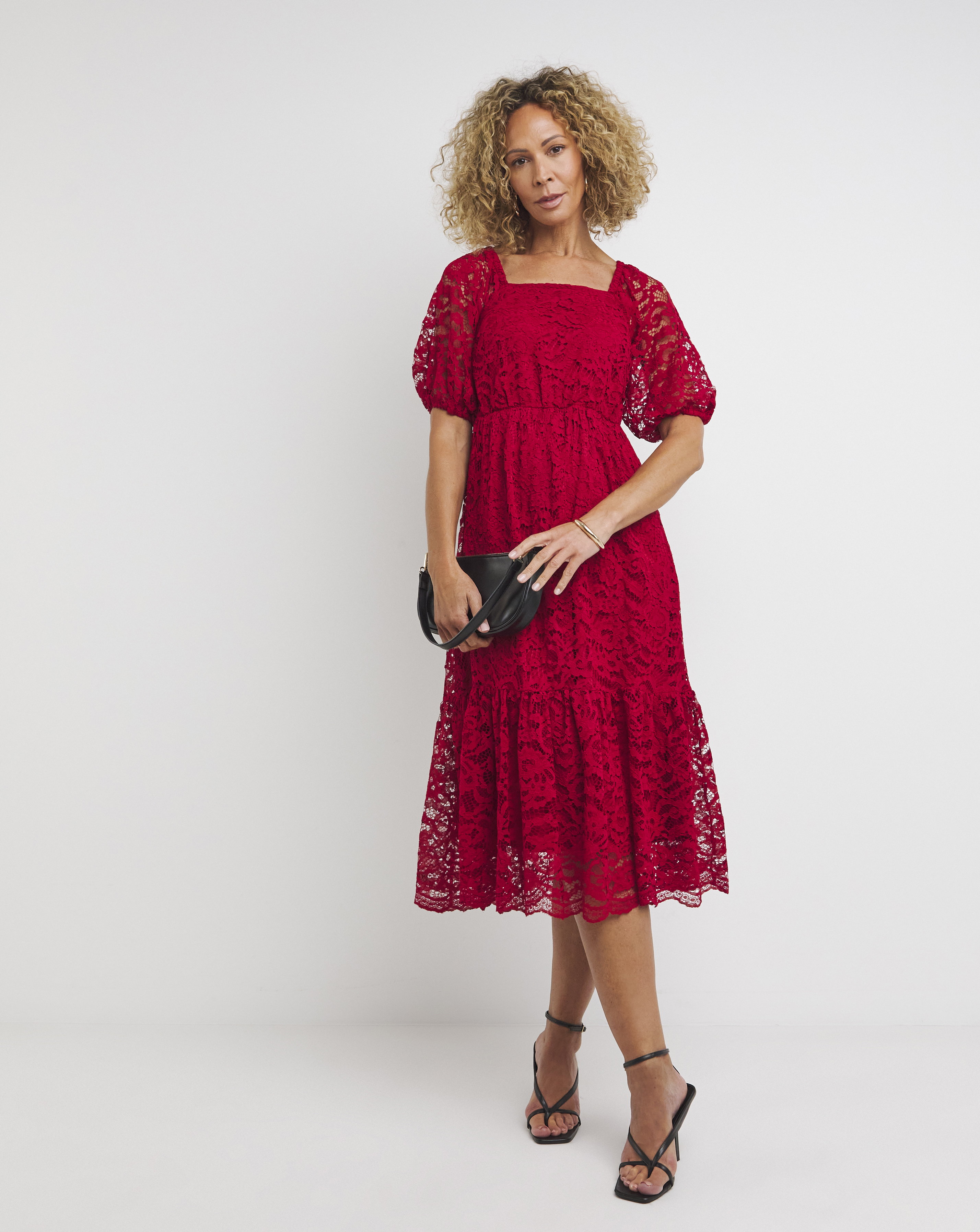 Square Neck Puff Sleeve Lace Dress