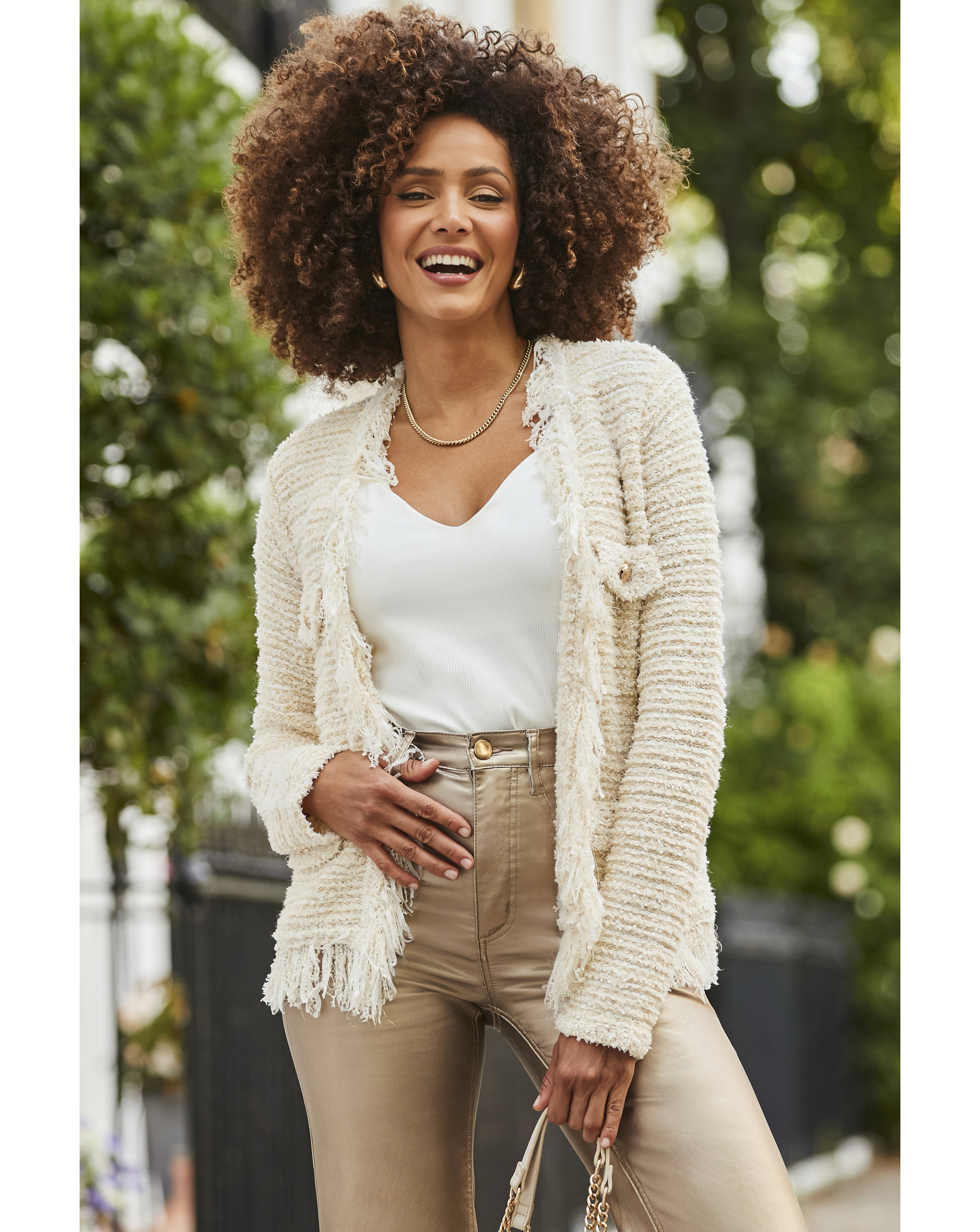 Sosandar Cream Fringed Bouche Trophy Cardigan - Small