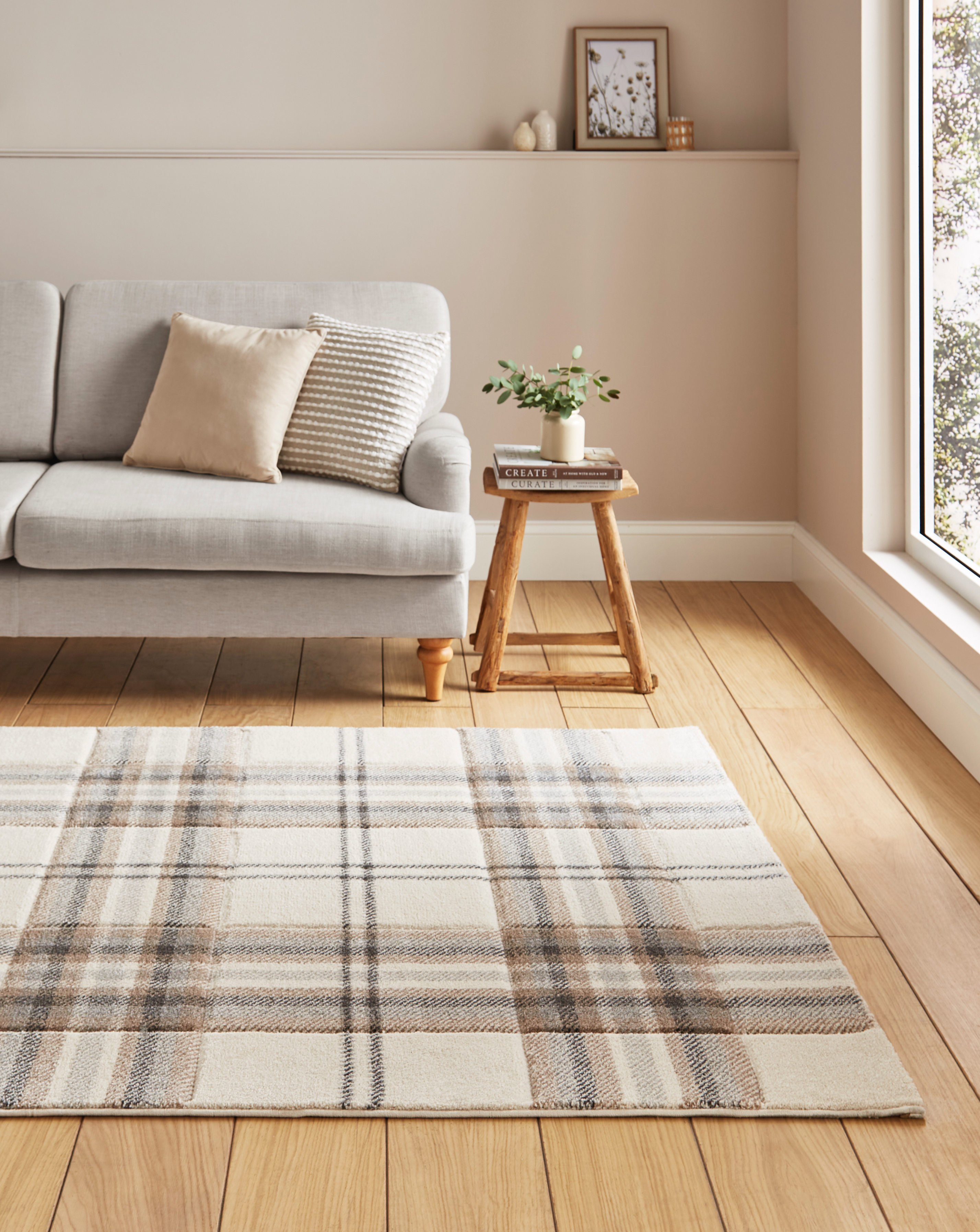 Catherine Lansfield Kelso Check Rug - Natural