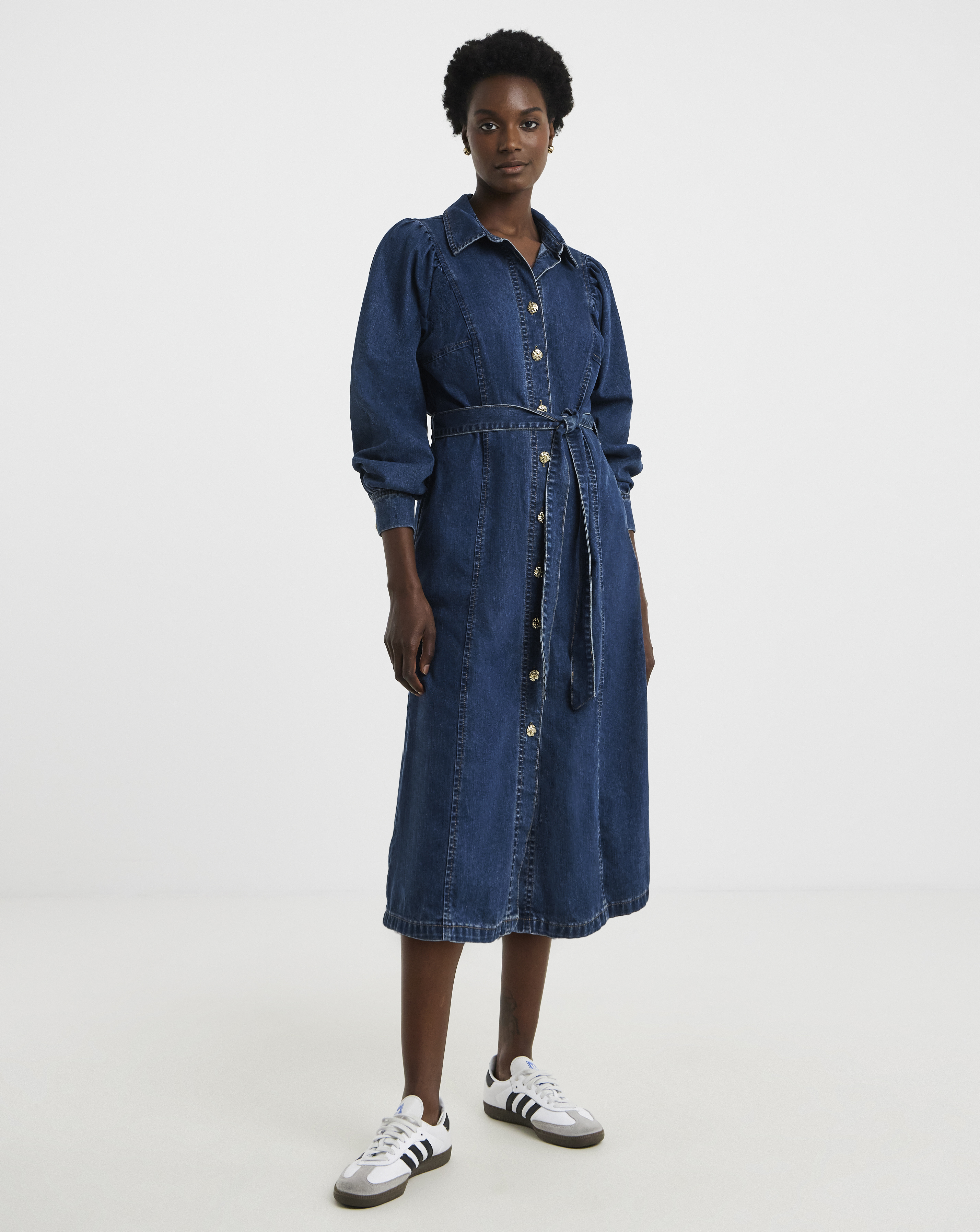 Pure Cotton Mid Blue Volume Sleeve Denim Midi Dress | Ambrose Wilson