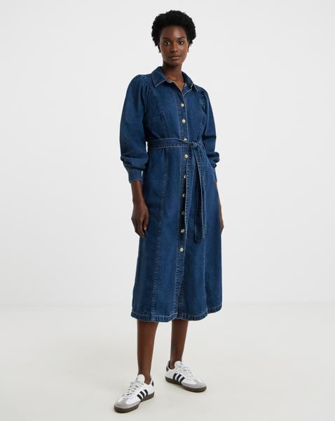 Volume Sleeve Denim Midi Dress