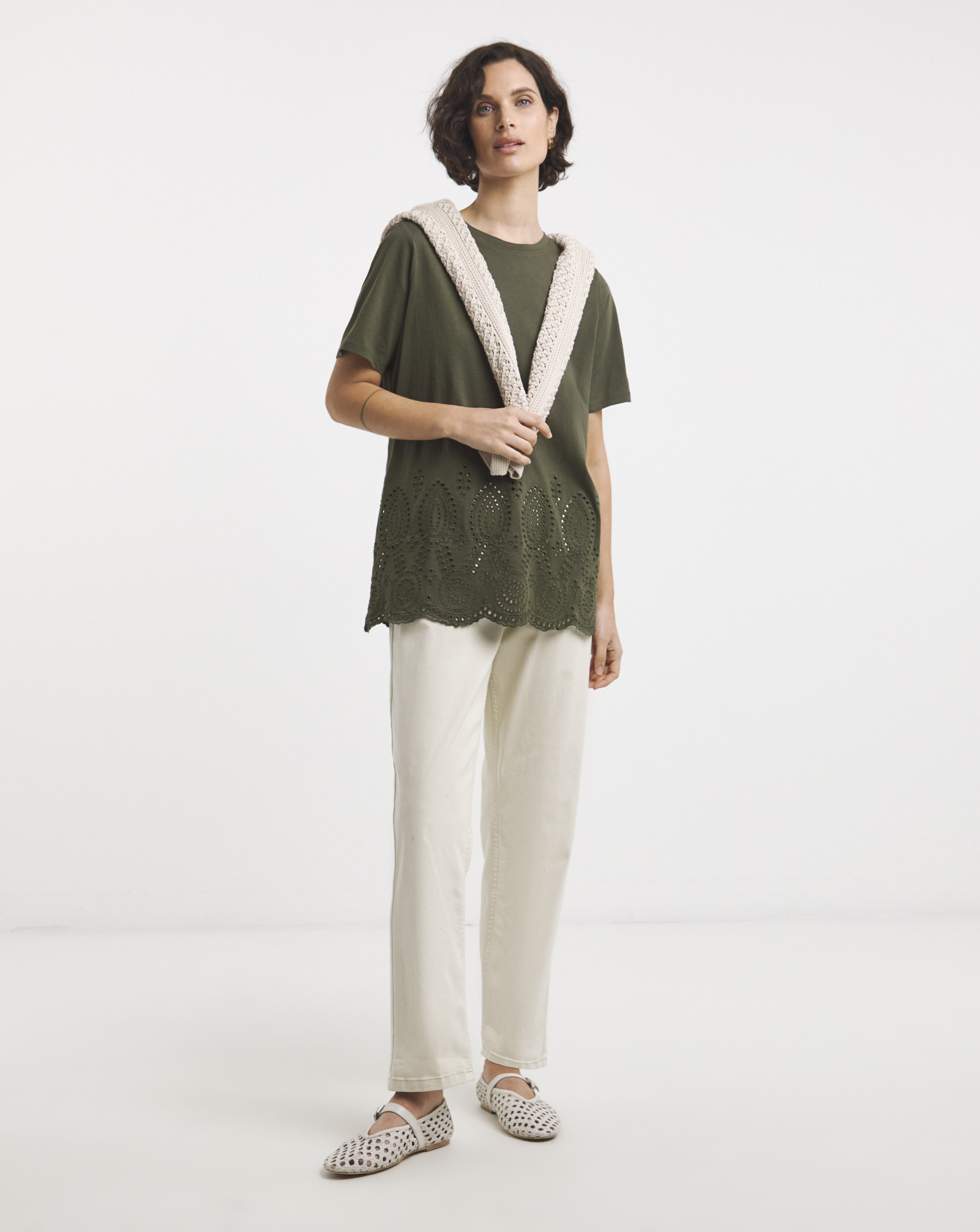The Short Sleeve Broderie Hem Top