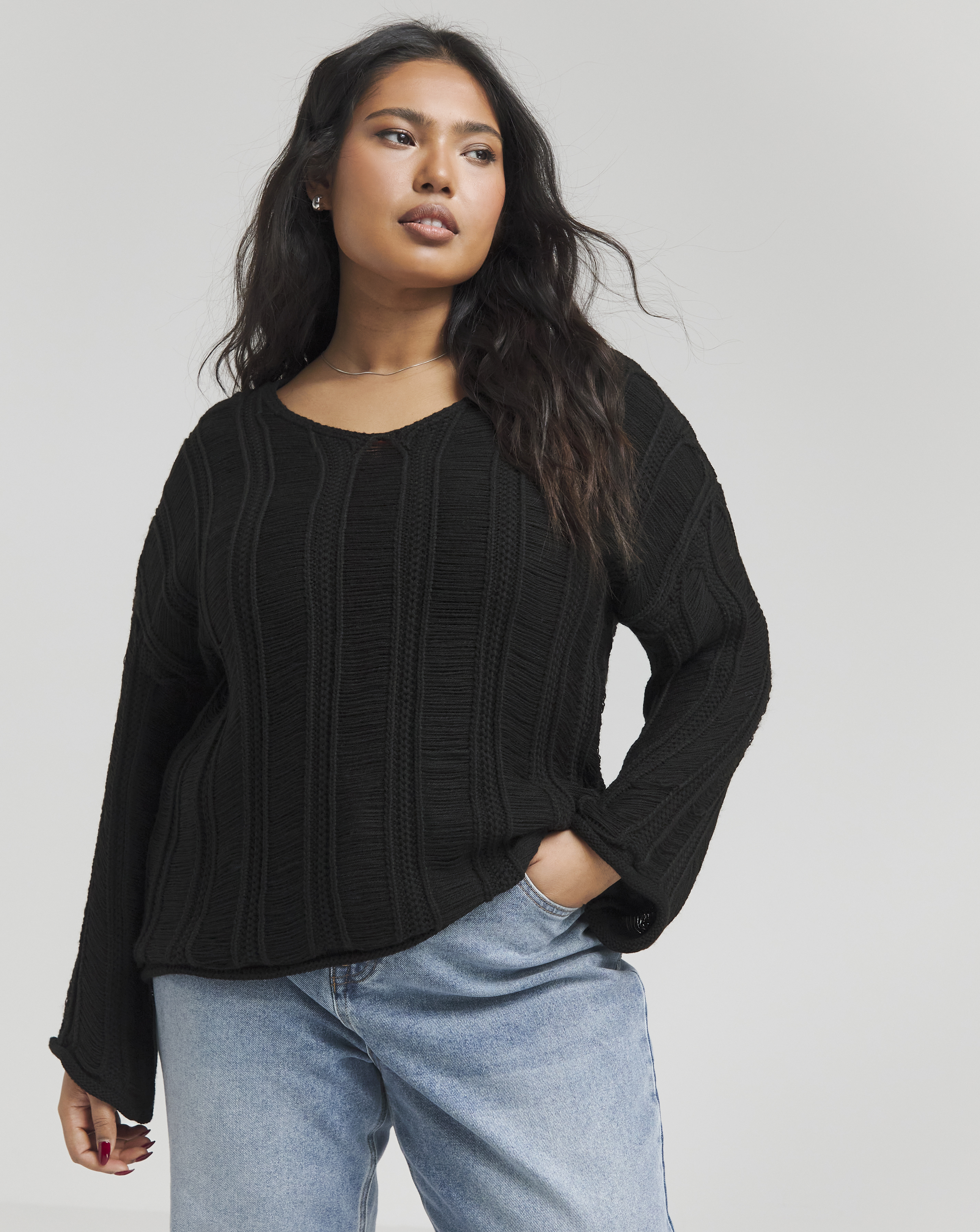 Black V Neck Ladder Detail Jumper