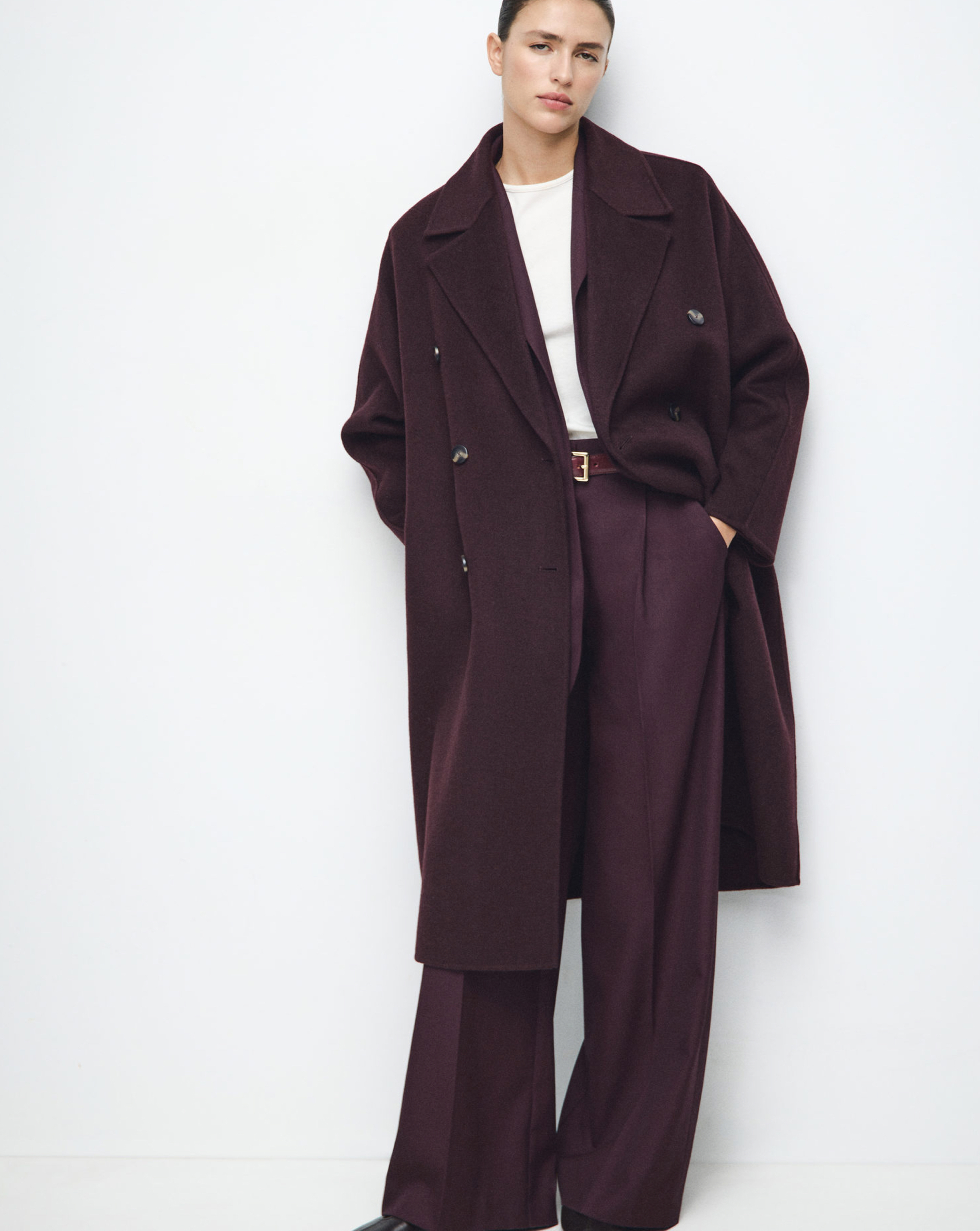 Mango Burgundy Wool Mix Double Breasted Coat - Extra Large