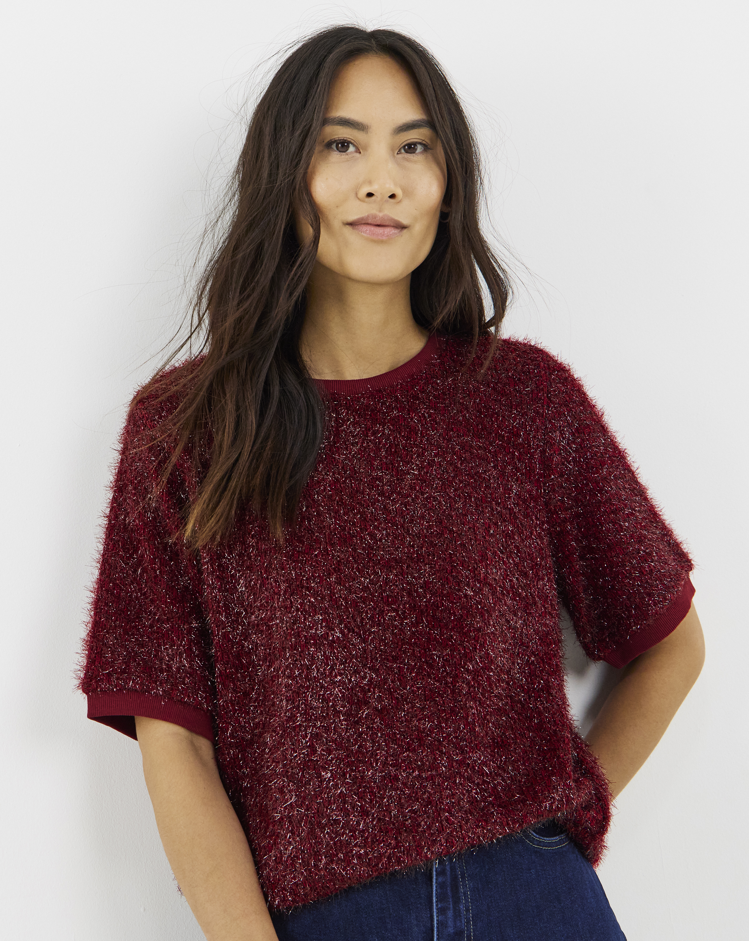 Glitter Knit Short Sleeve Sweatshirt