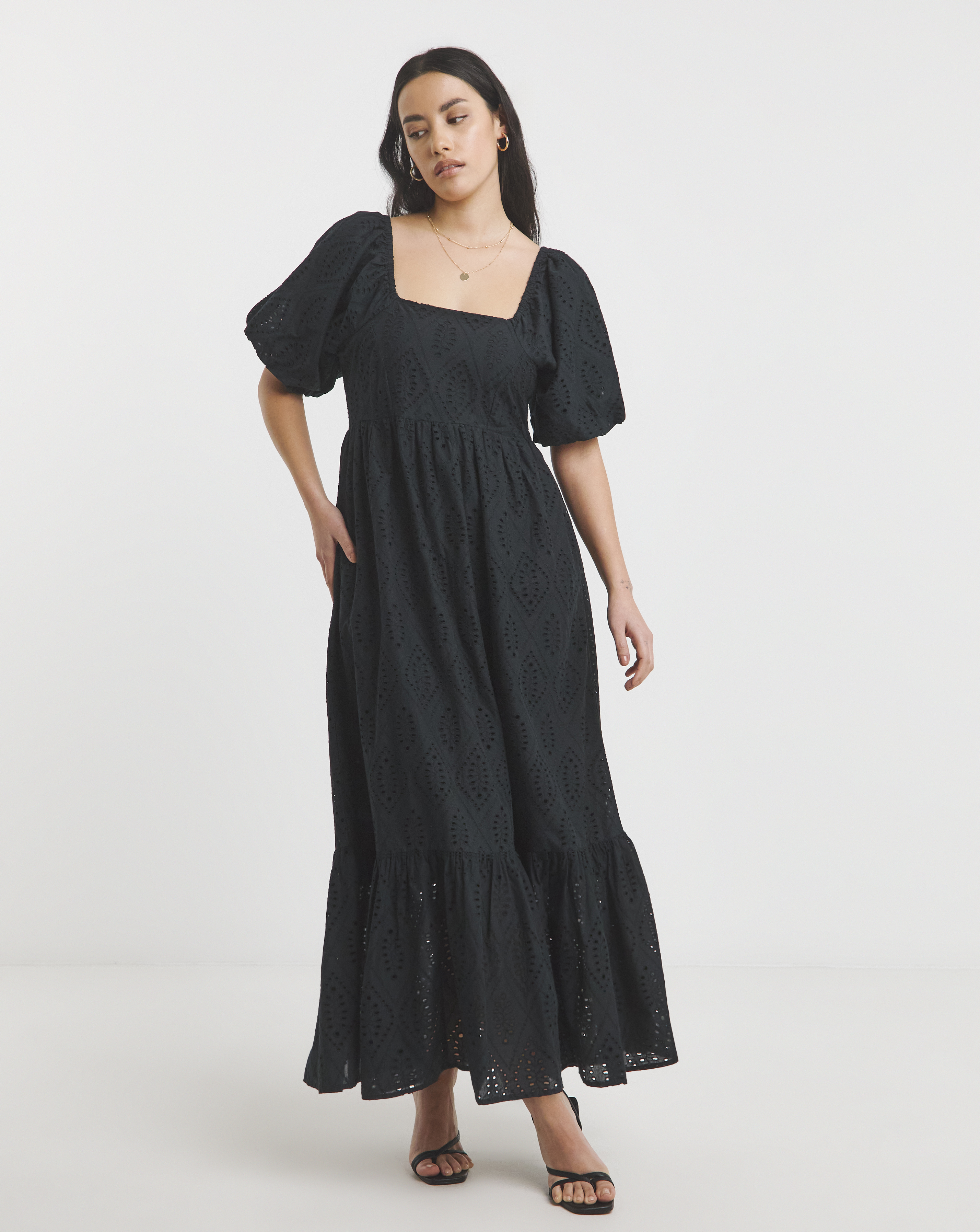 Simply Be - Women's Black Square Neck Broderie Maxi Dress - Size 10 - Black