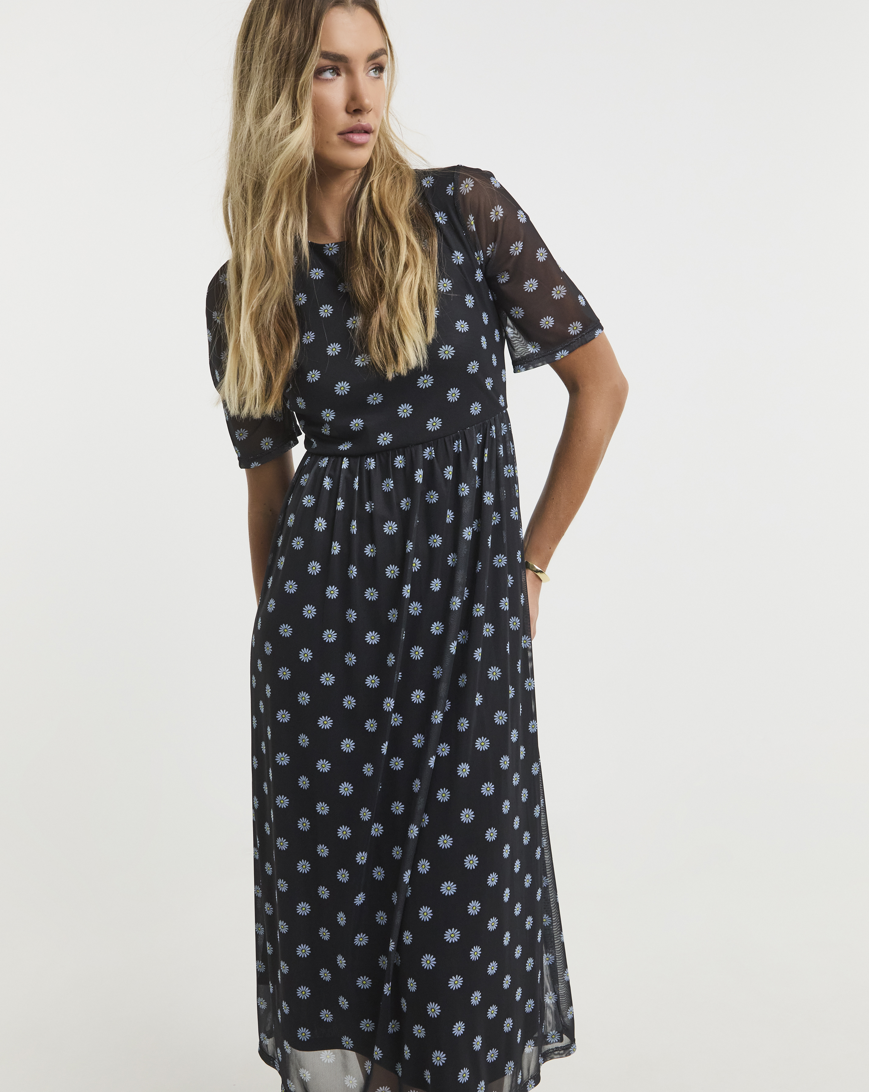 Printed Mesh Midi Dress