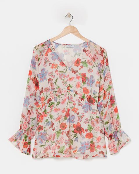 Ivory Floral Print V Neck Chiffon Blouse
