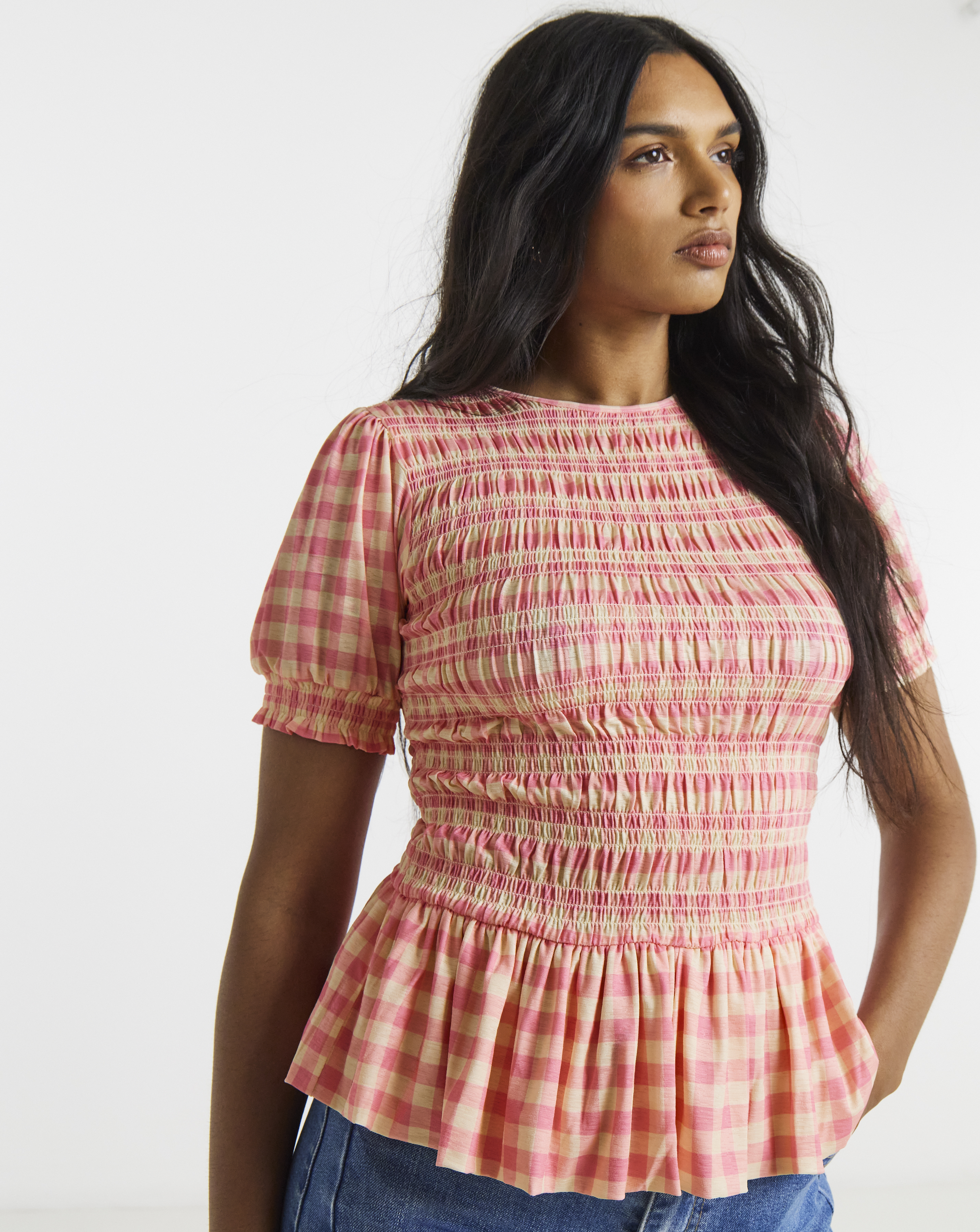 Shirred Mesh Short Sleeve Top