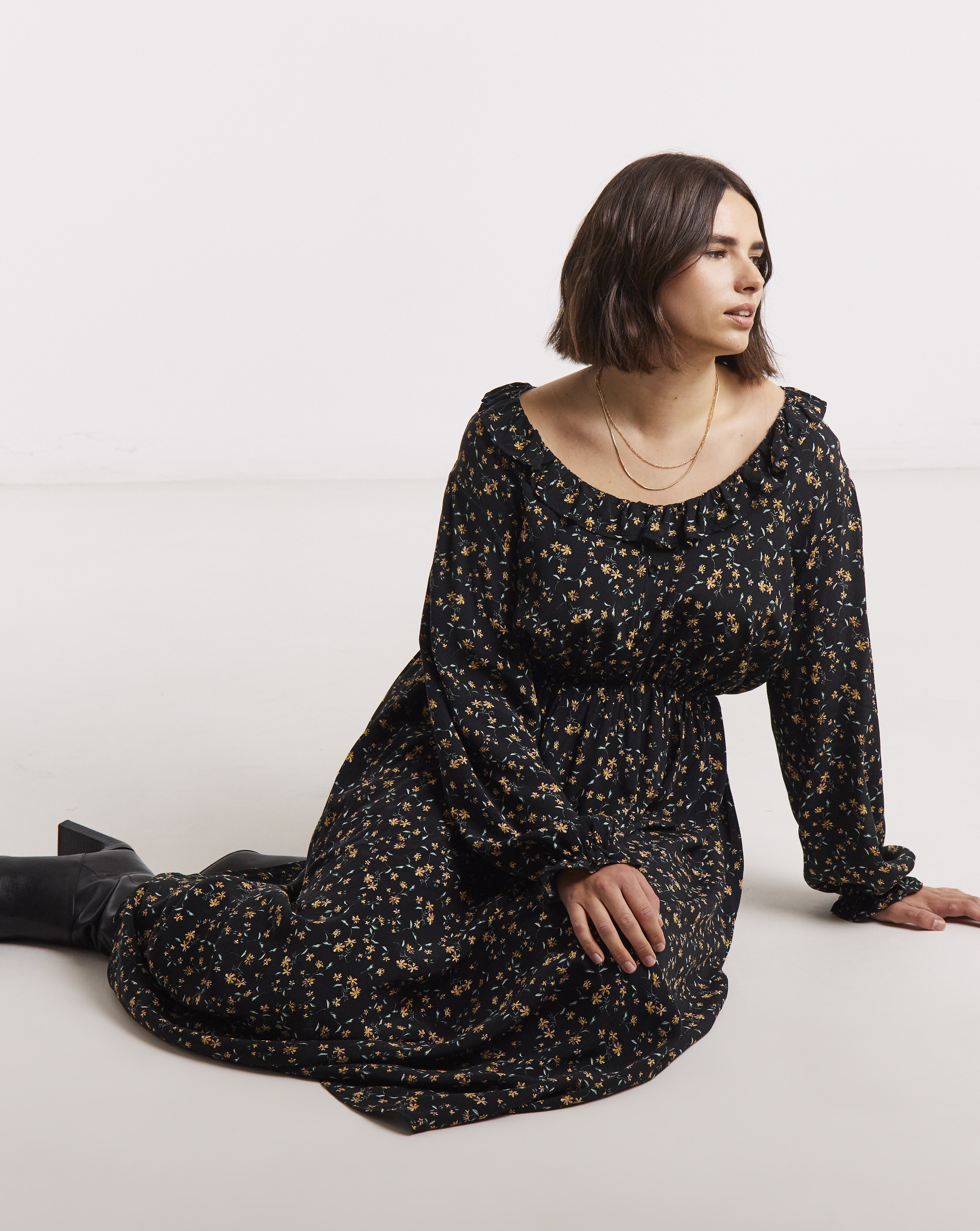 Frill Neck Detail Midi Dress