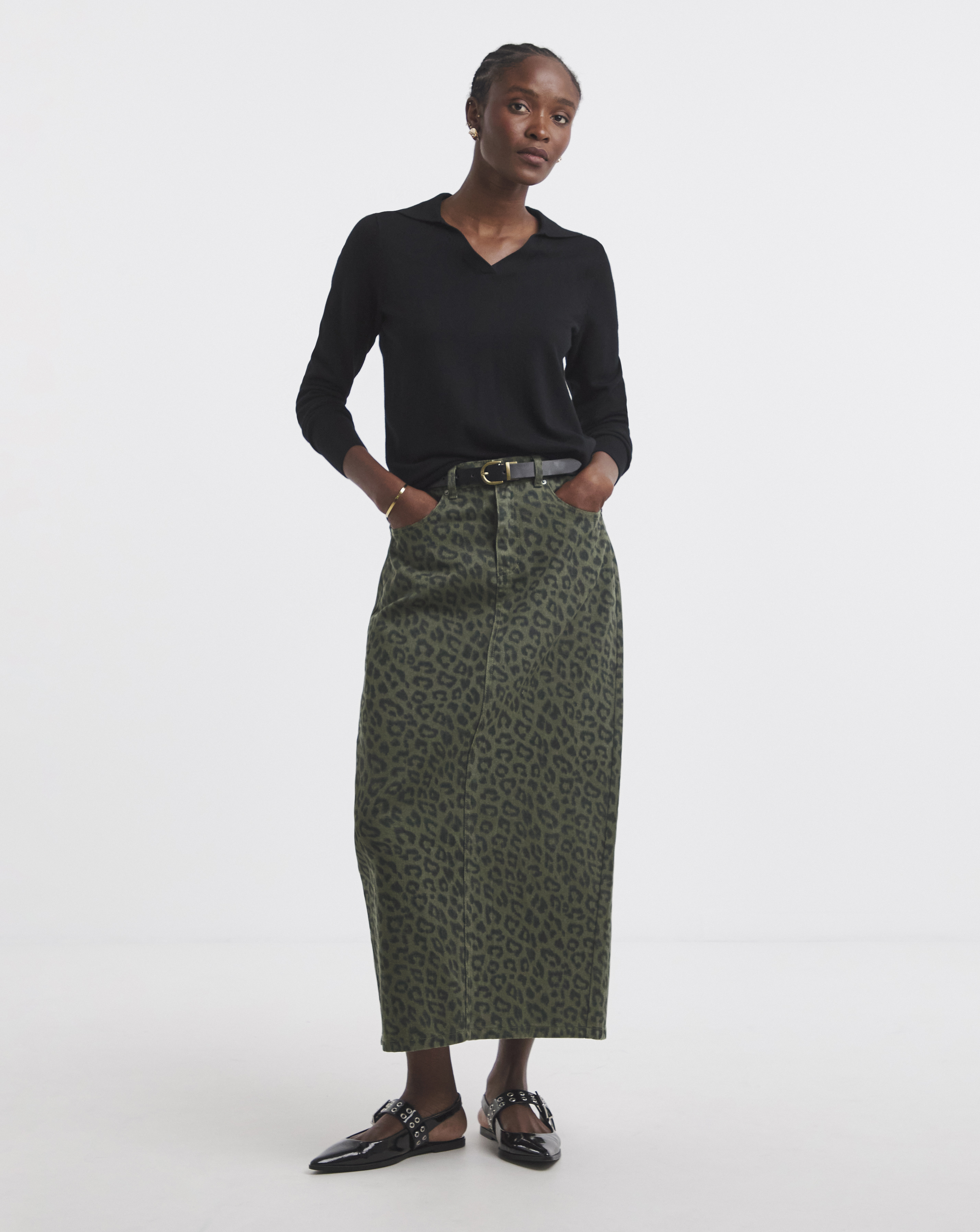 SBE Olive Leopard Denim Midaxi Skirt