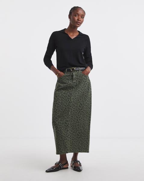 SBE Olive Leopard Denim Midaxi Skirt