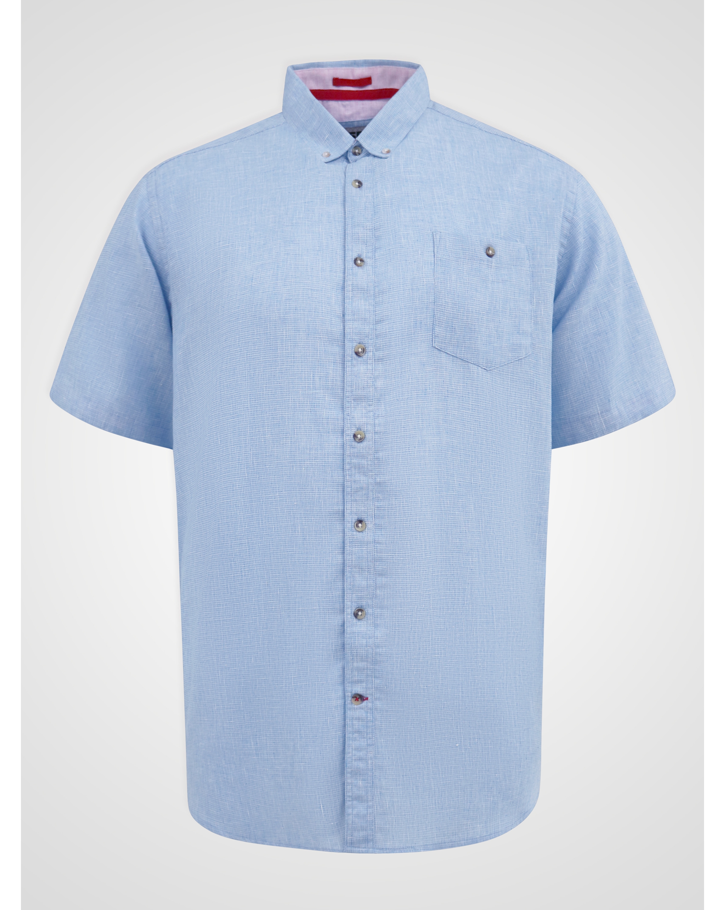 D555 Linen Mix Short Sleeve Shirt With Button Down Collar & Pocket - Blue - Image 3