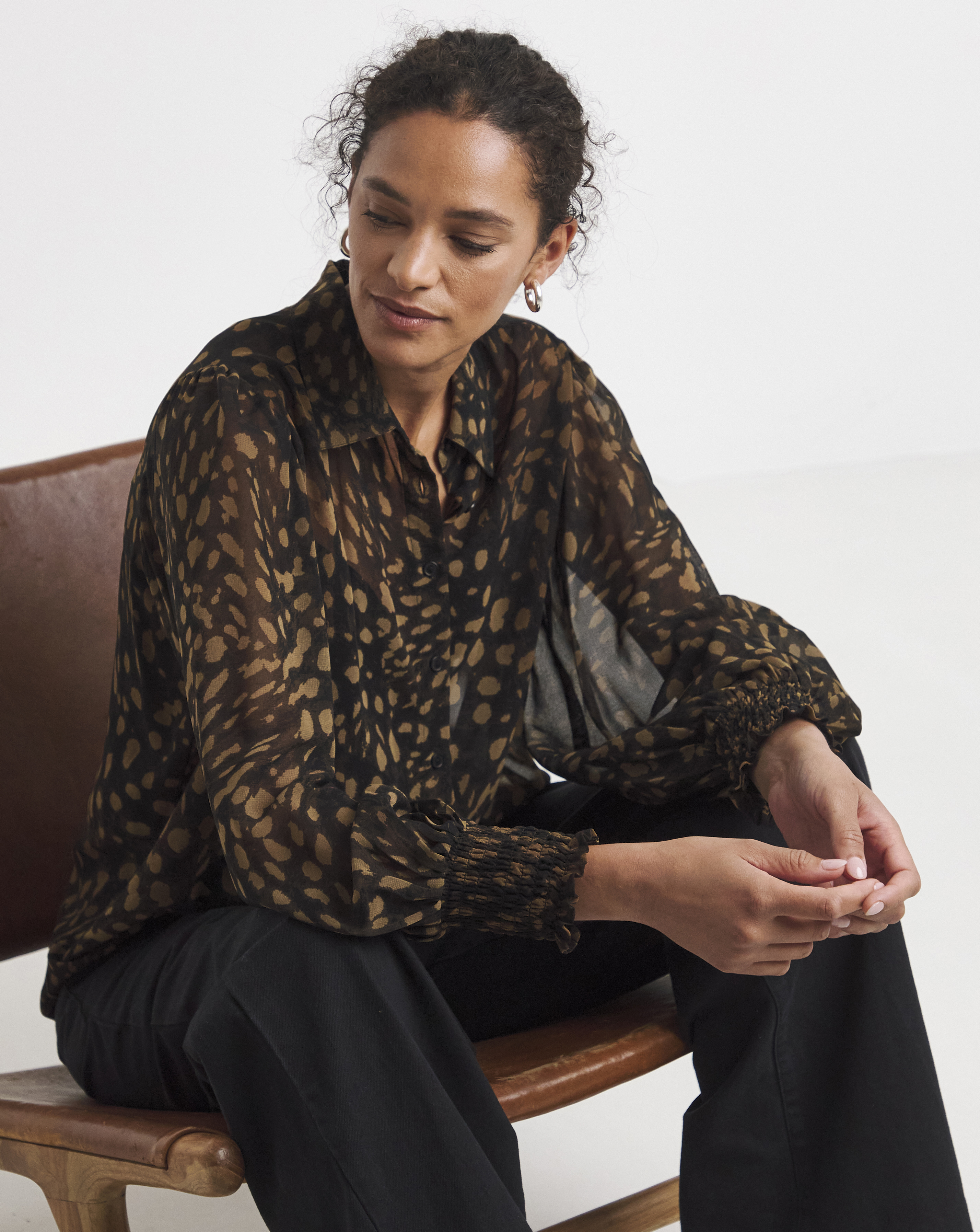 Printed Sleeve Shirred Cuff Shirt