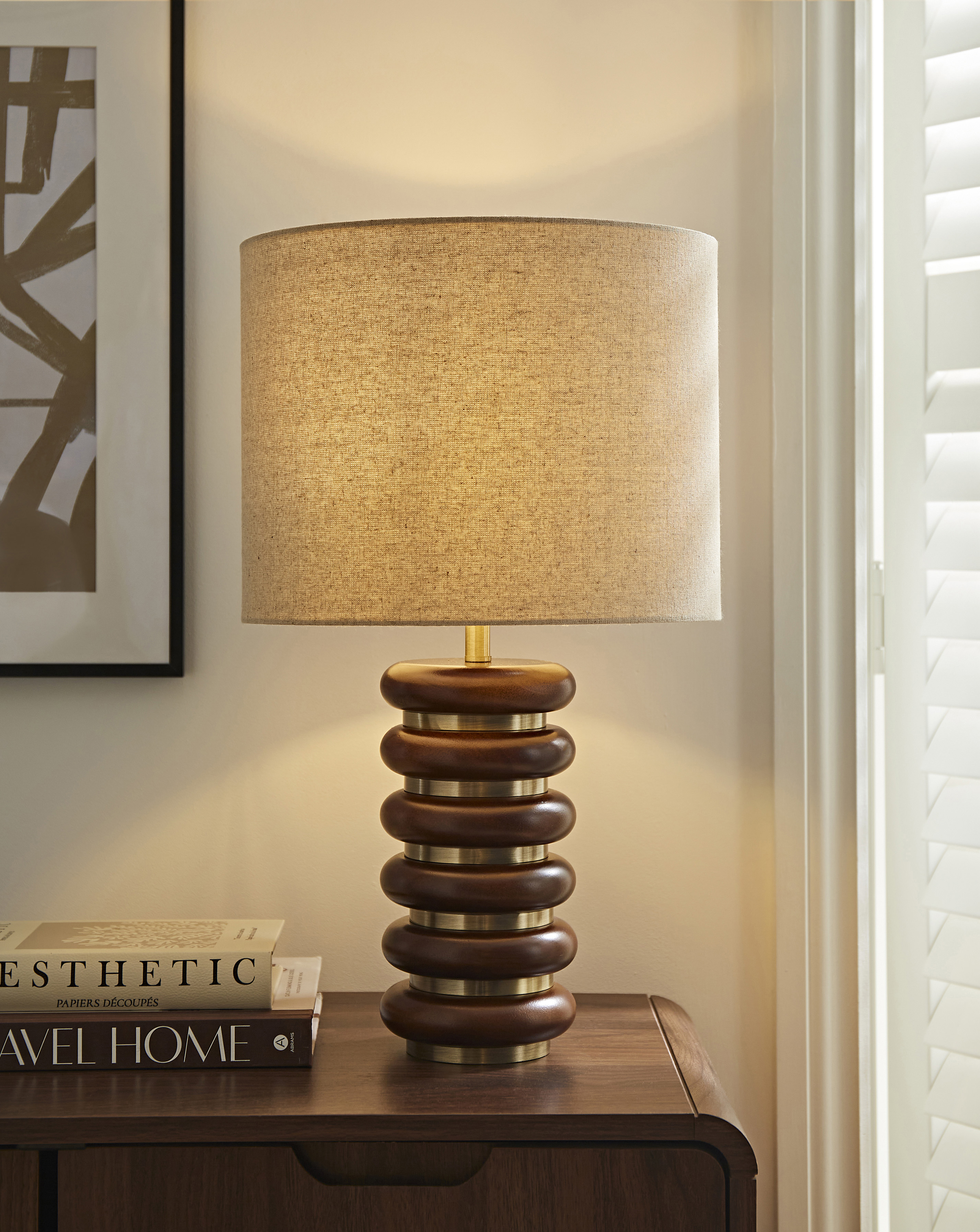 Wood & Brass Ribbed Table Lamp