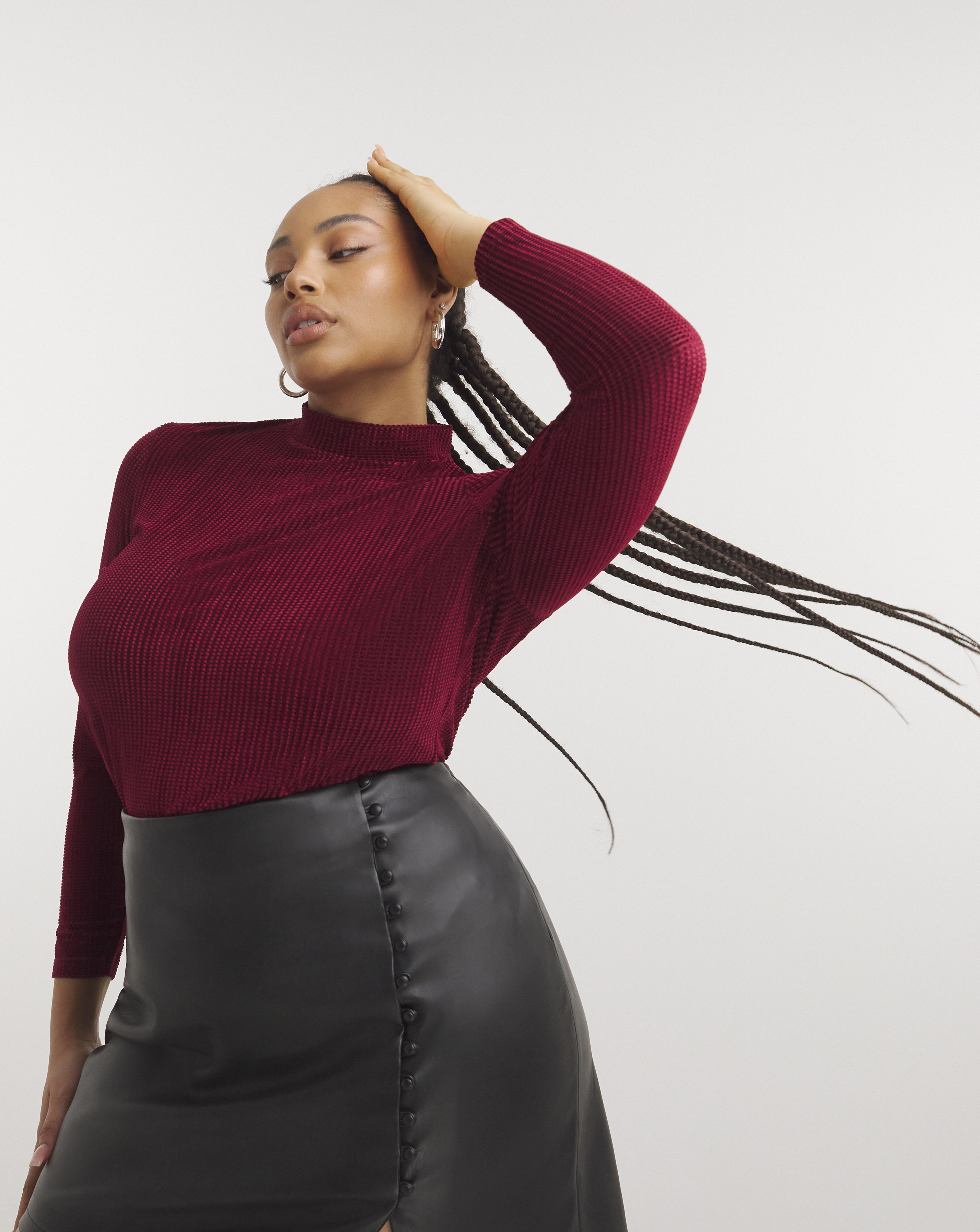 Burgundy Textured Velour High Neck Top