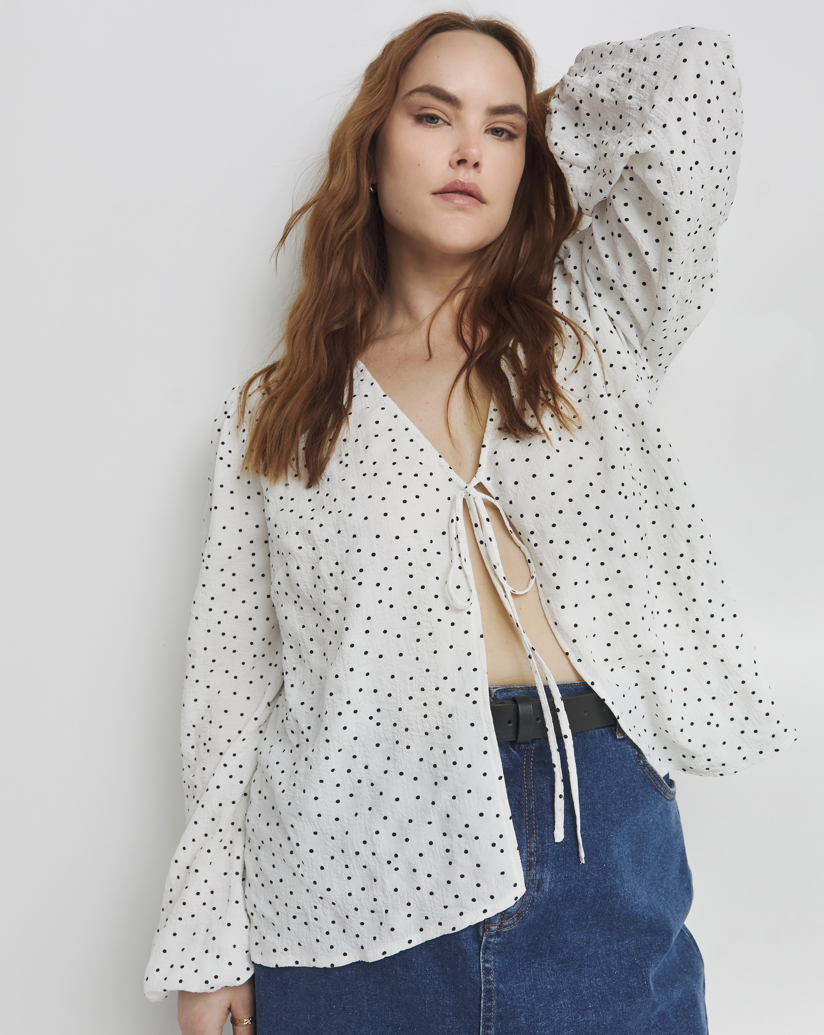 Spot Print Tie Front Blouse