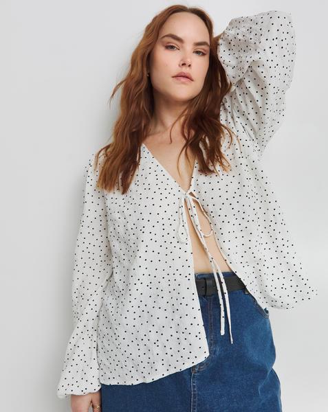 Spot Print Tie Front Blouse