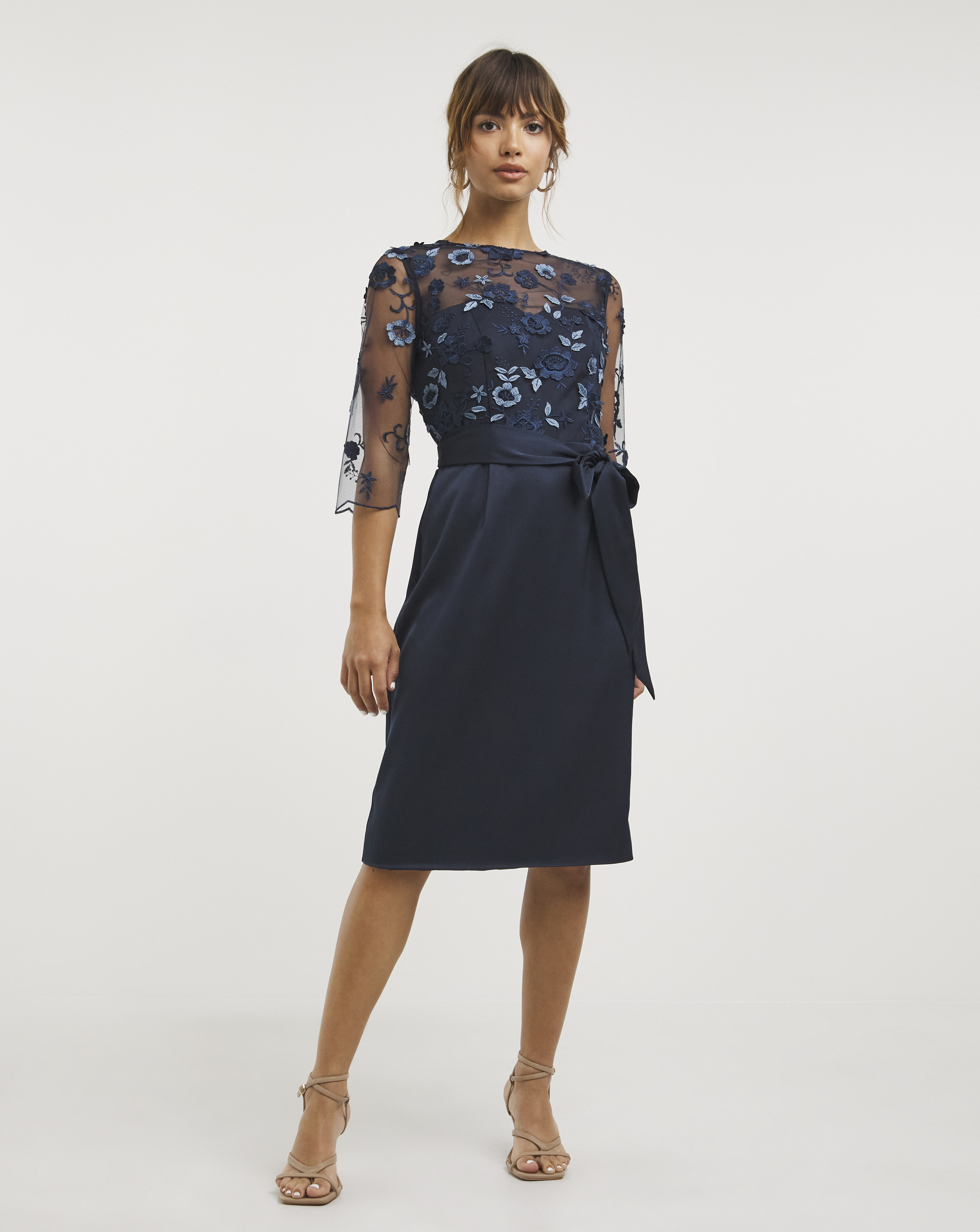 Joanna Hope Navy Embroidered Mesh Dress