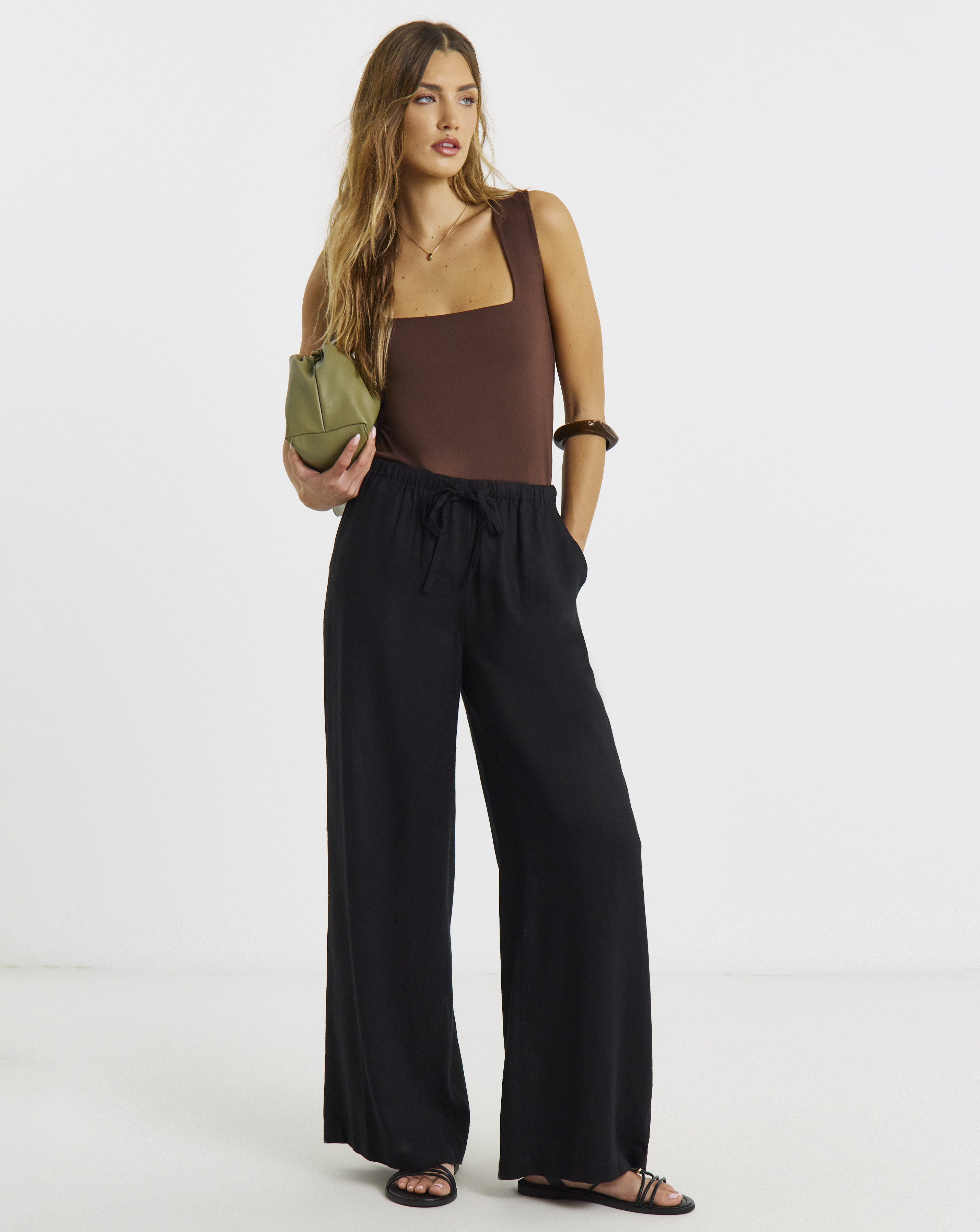 Tie Waist Wide Leg Linen Mix Trousers