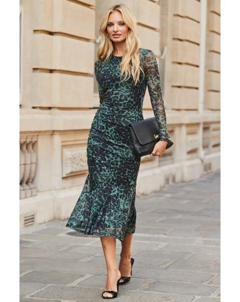 Sosandar Green Animal Mesh Midi Dress