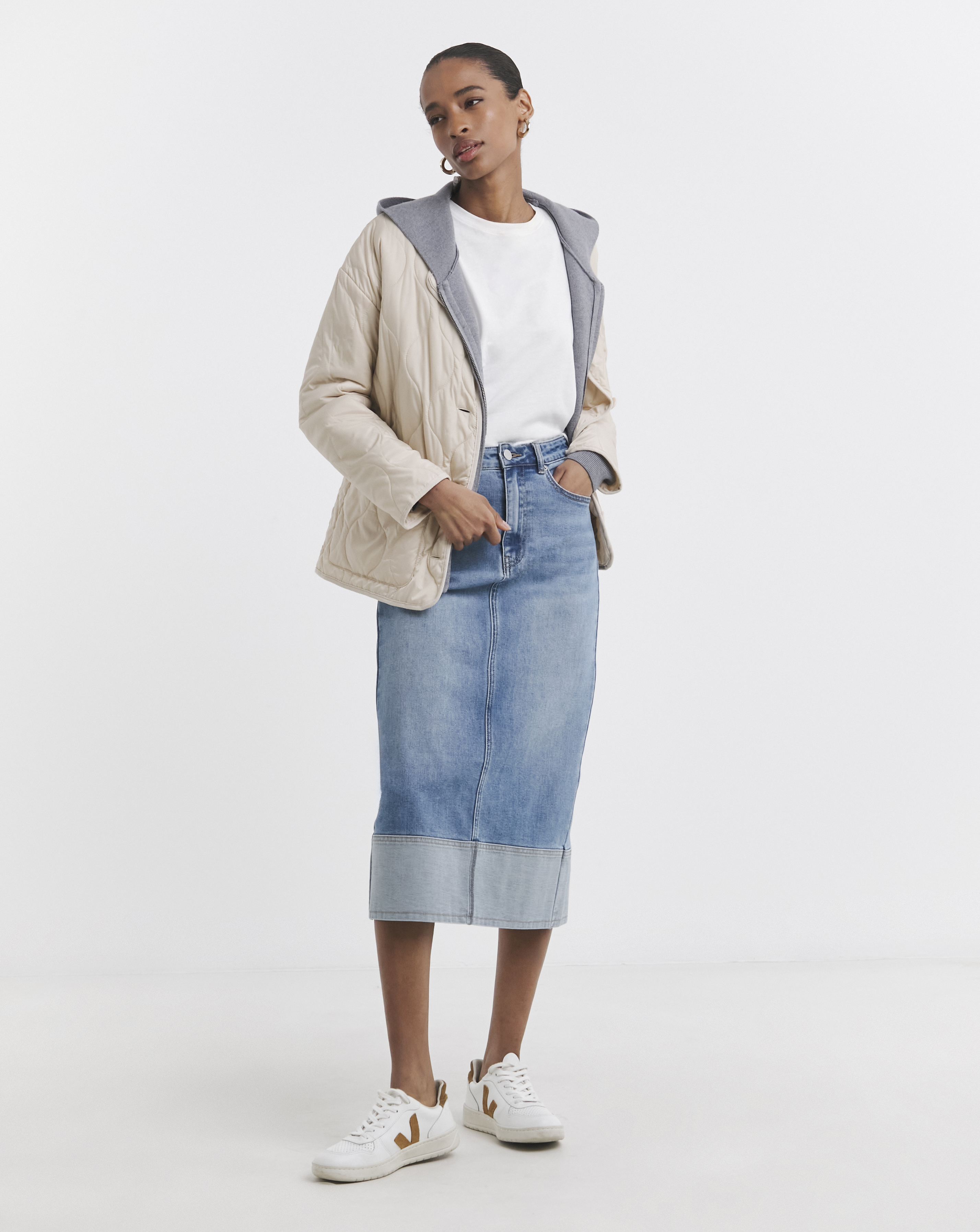 Light Blue Turn Up Midi Denim Skirt