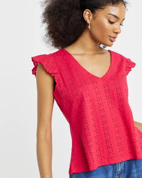 V Neck Ruffle Sleeve Broderie Top