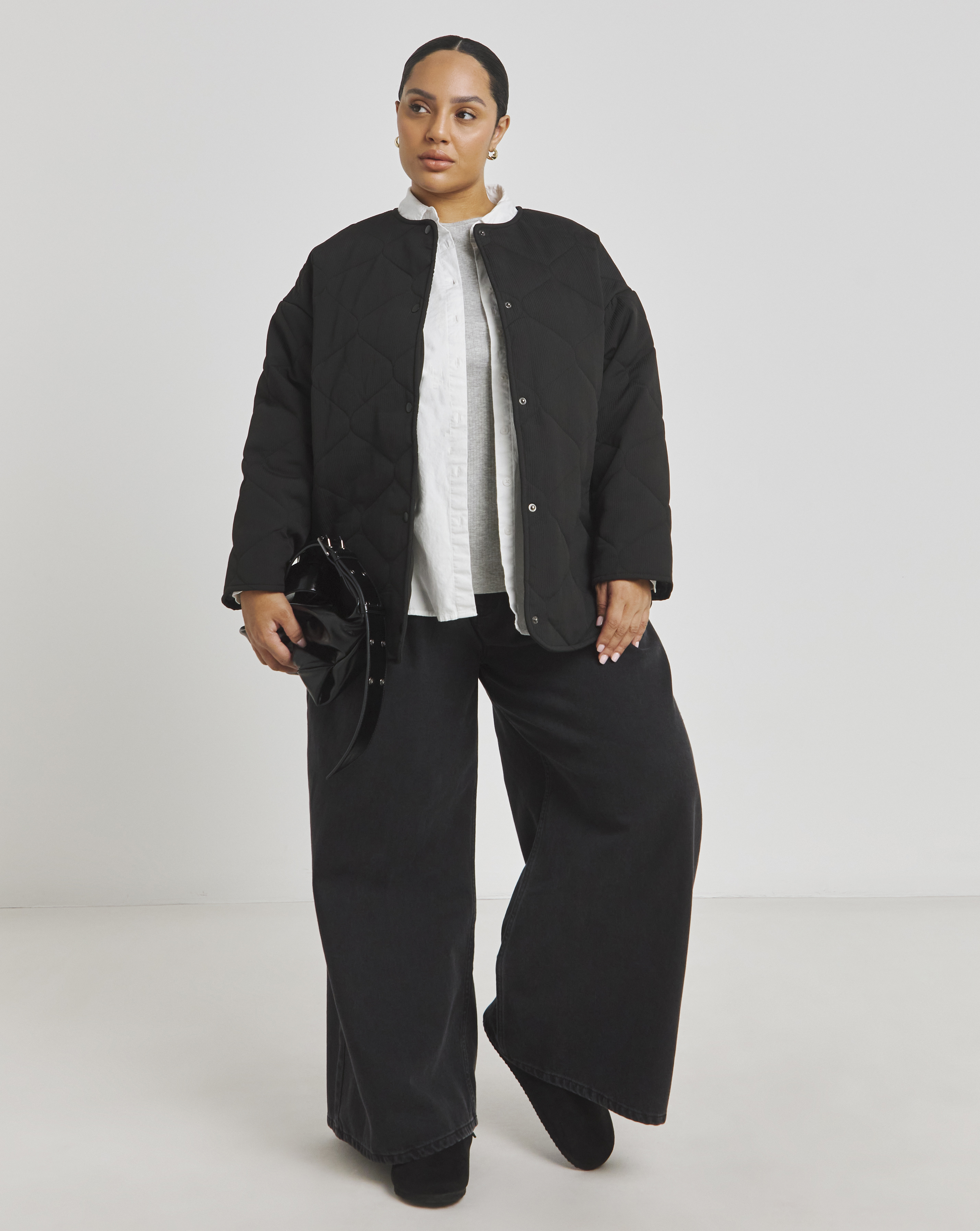 Black Quilted Round Collar Jacket