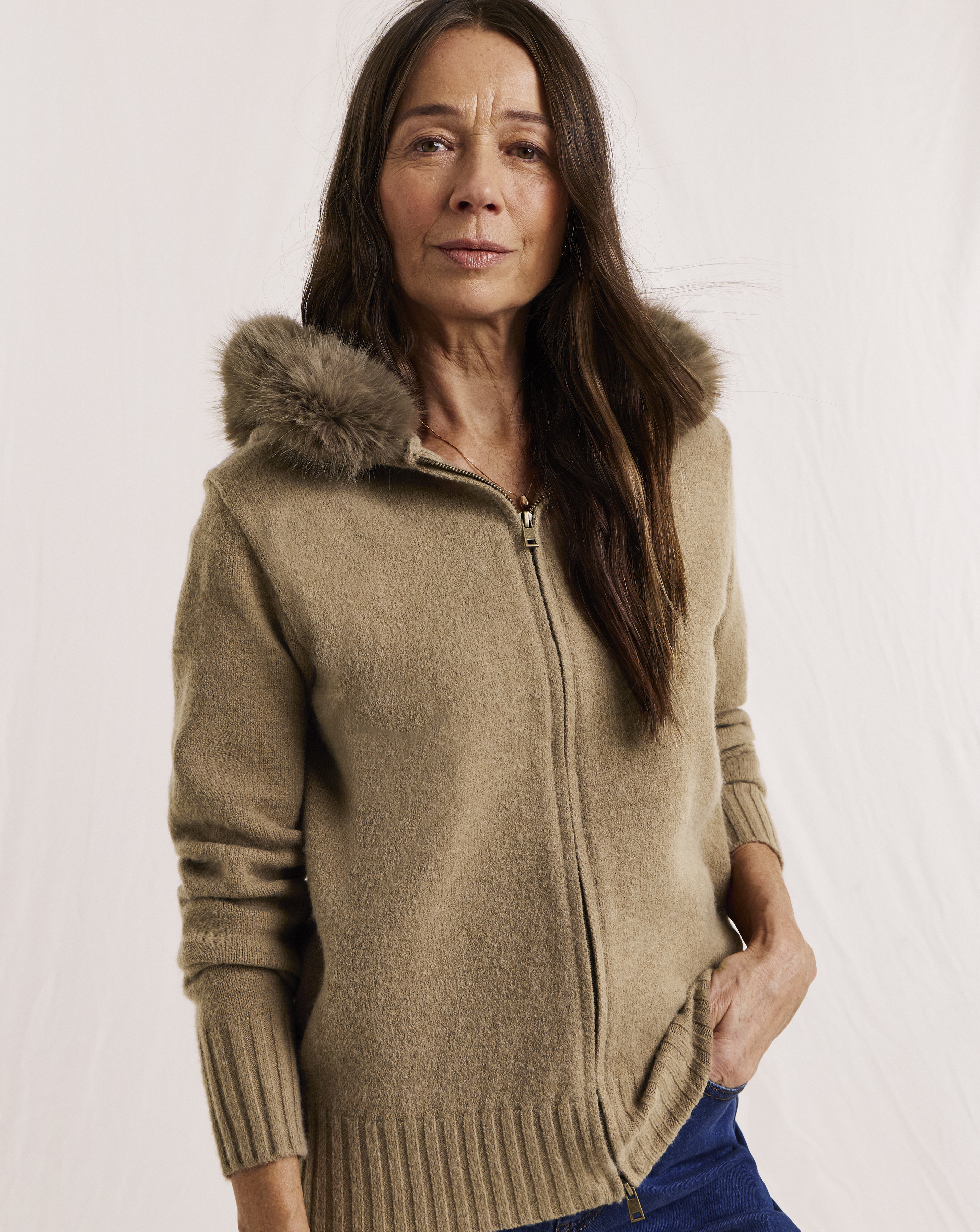 Julipa Fur Trim Hooded Knitted Jacket