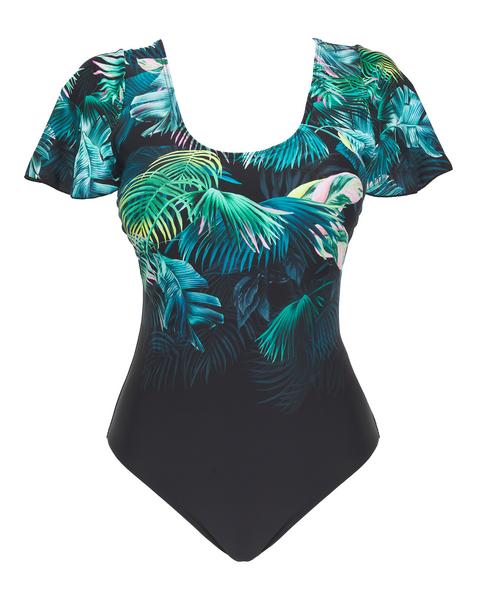Dark Tropics Fluted Sleeve Swimsuit