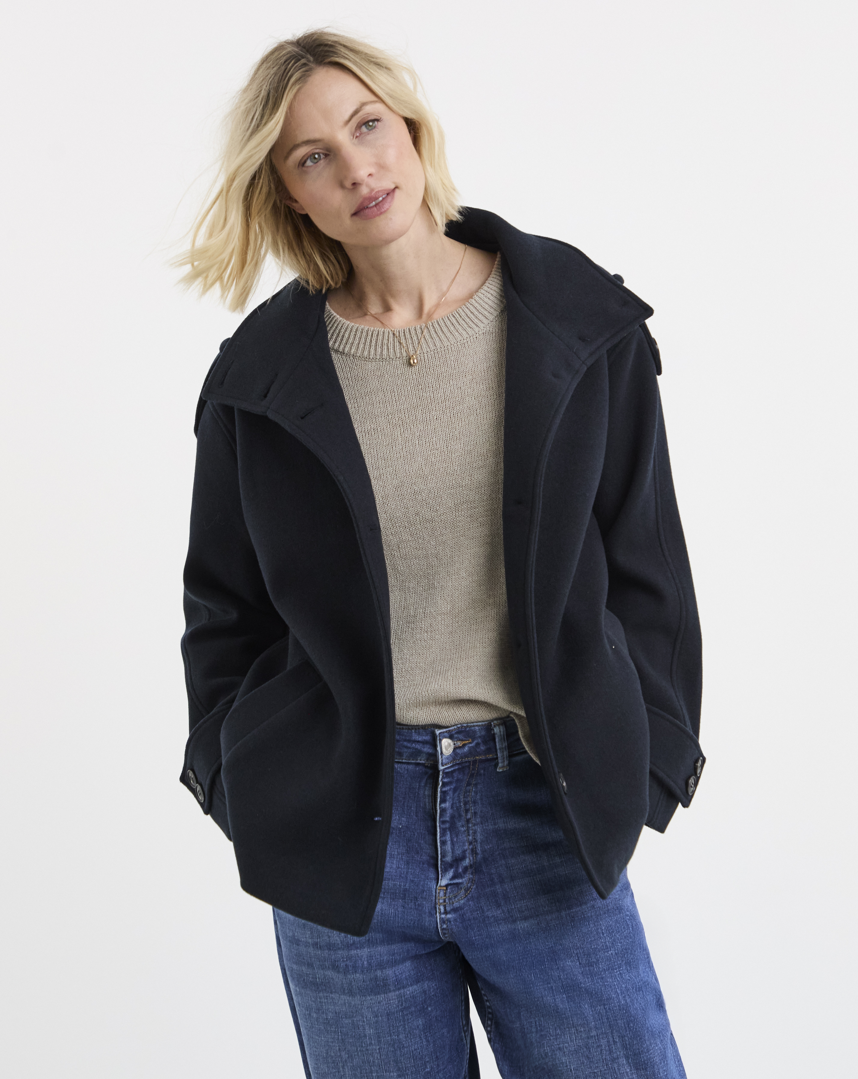 Navy Funnel Neck Short Jacket