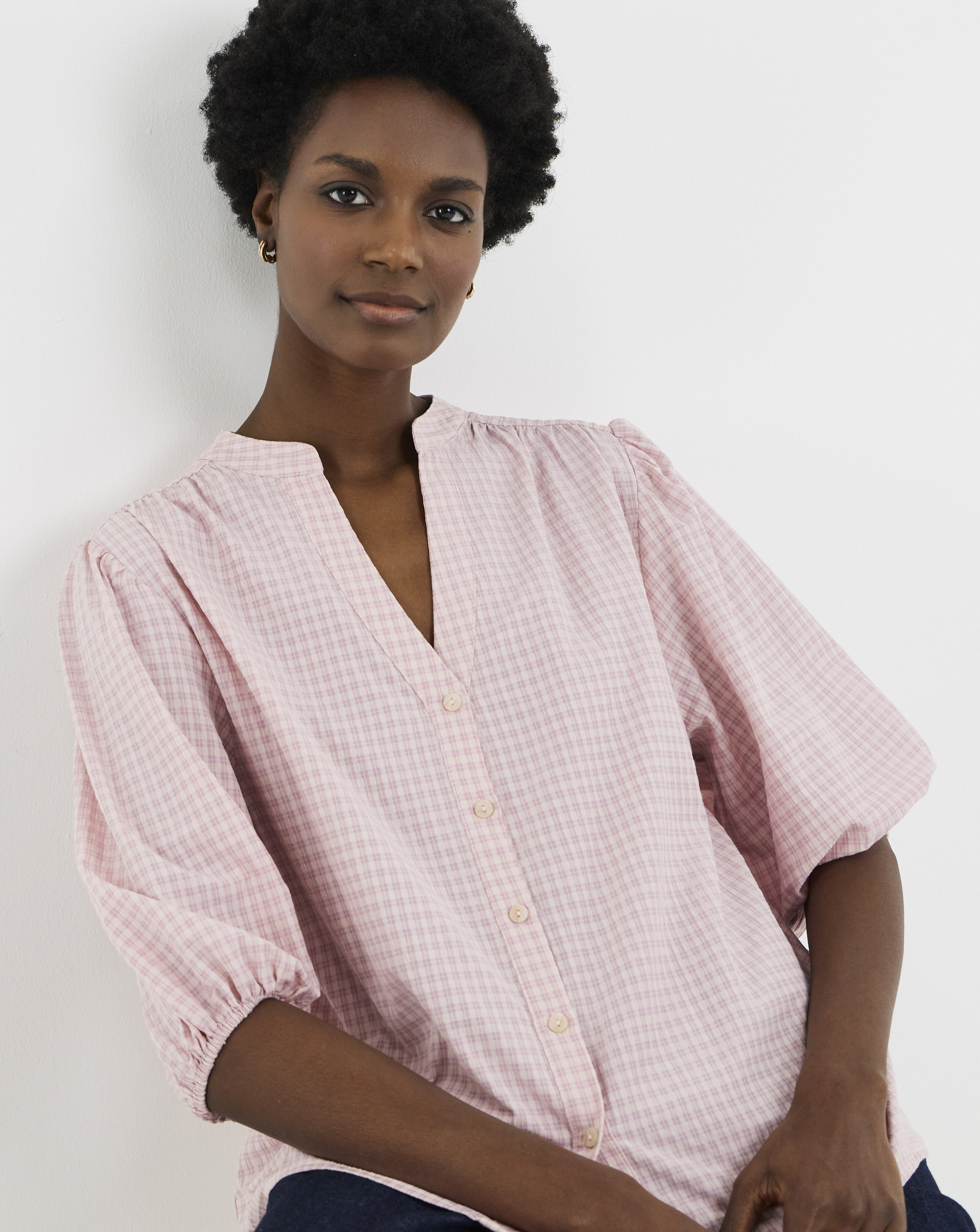 Check Collarless Blouse