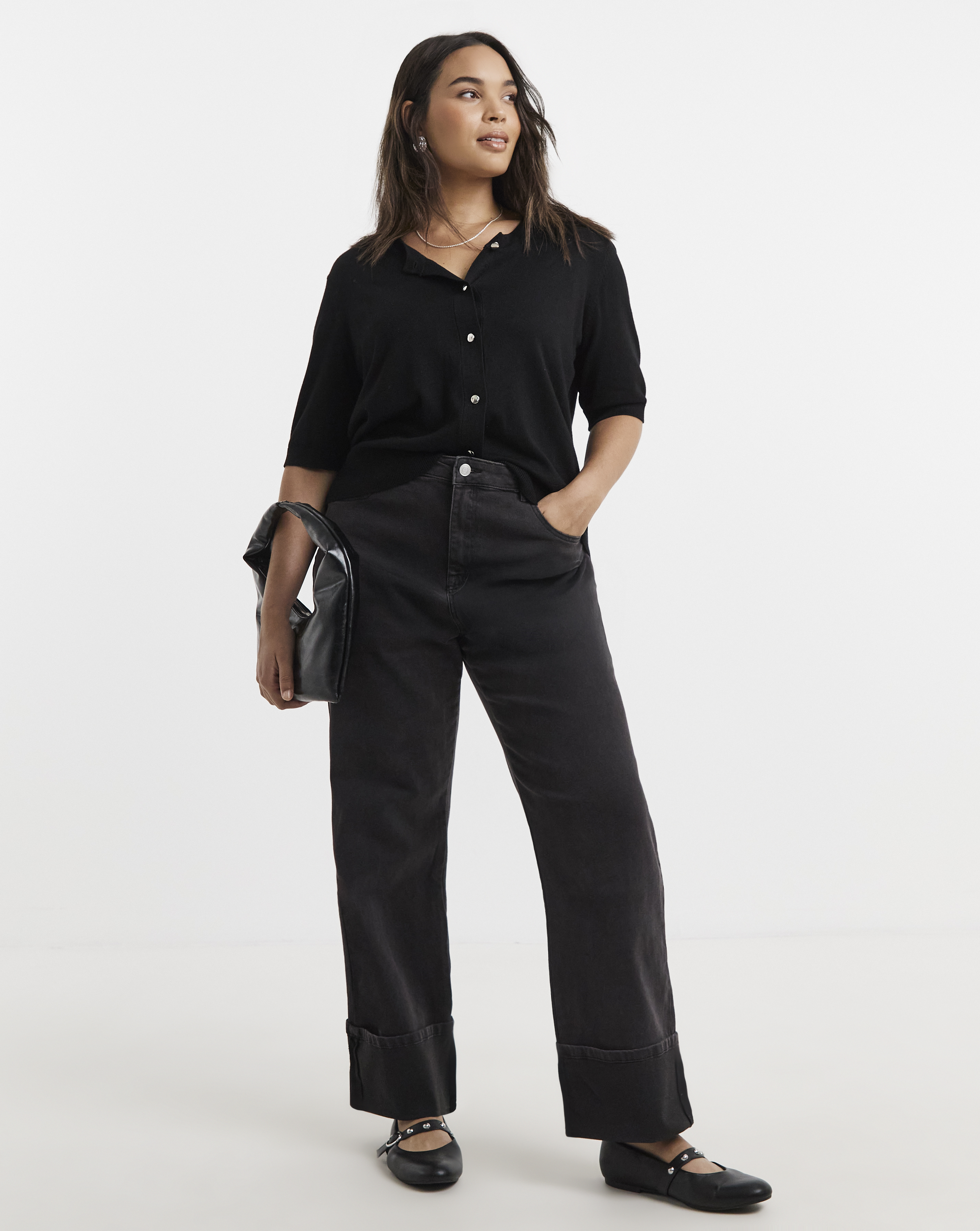 Black Turn Up Hem Straight Leg Jeans