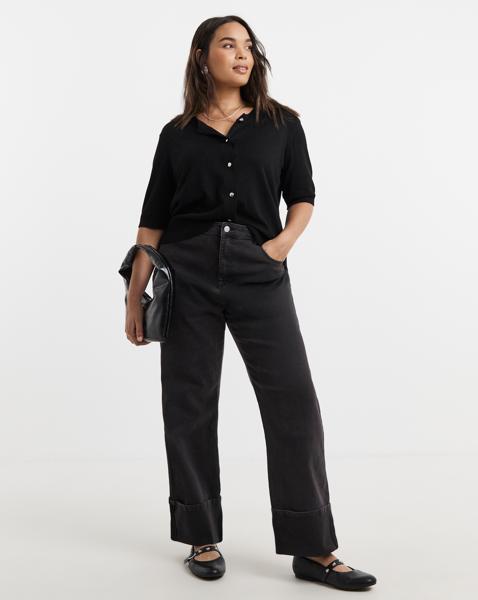 Black Turn Up Hem Straight Leg Jeans