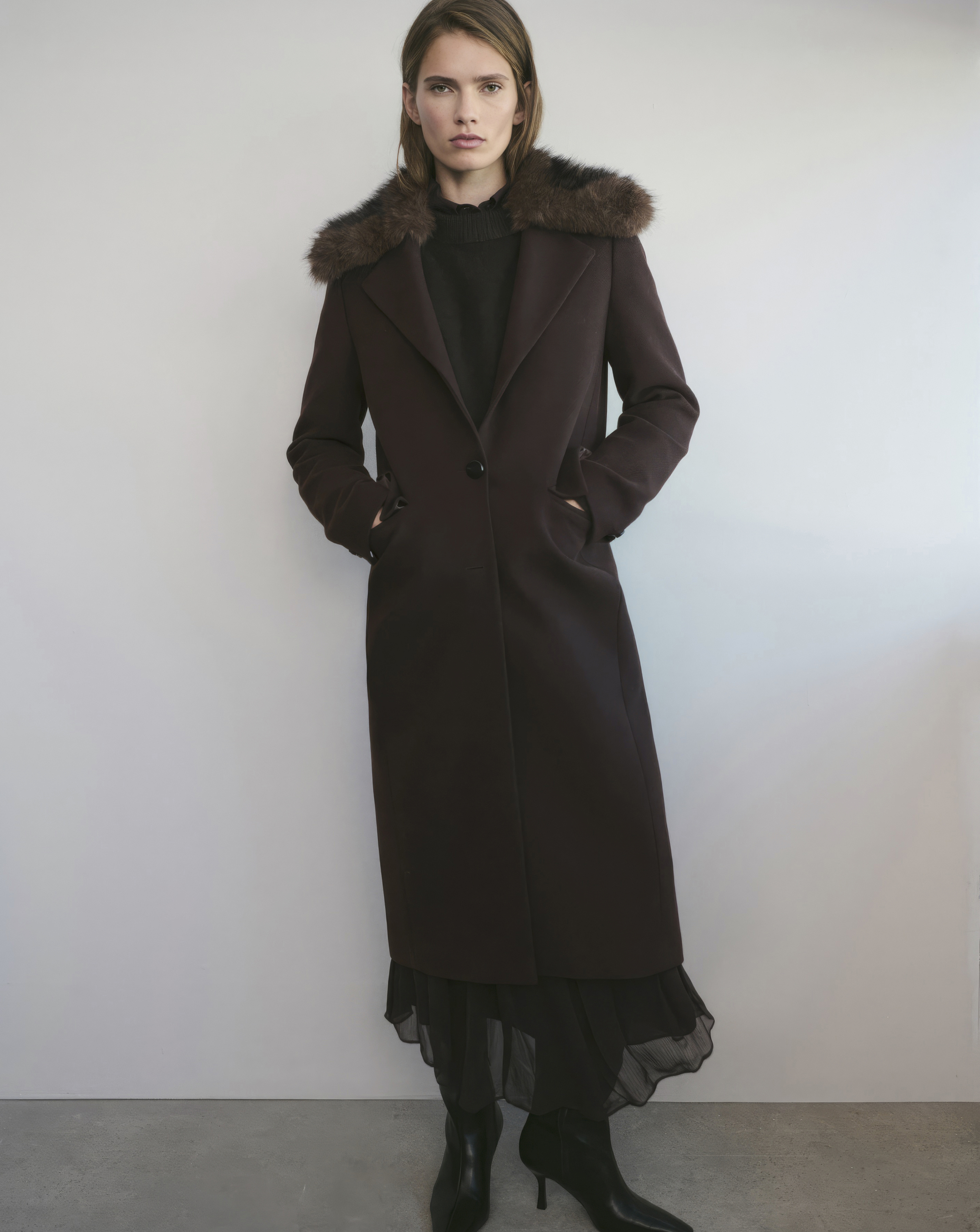 Mango Dark Brown Wool Coat With Fur Collar - Extra Large