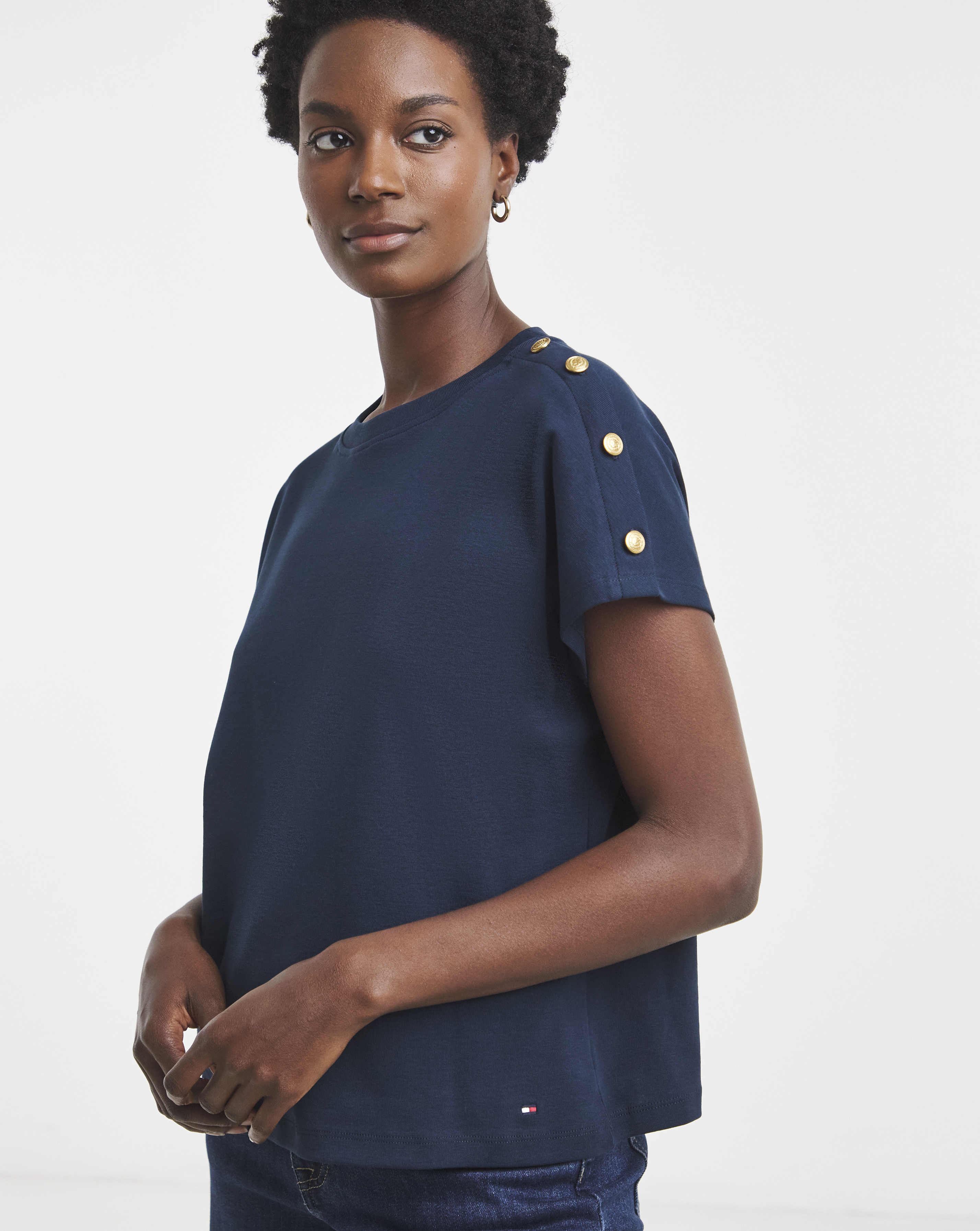Tommy Hilfiger Women's Navy Gold Button T-Shirt Size S