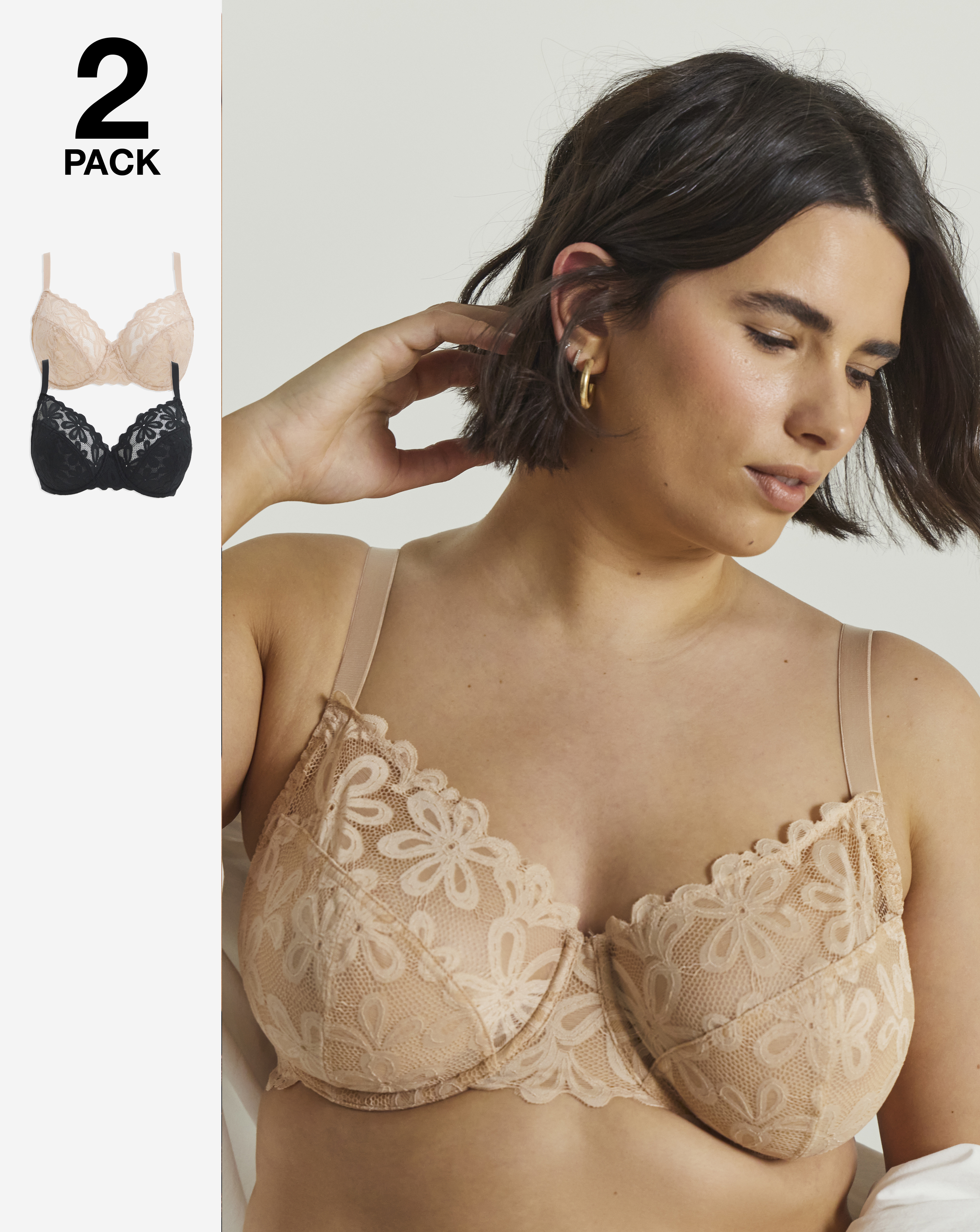 Pretty Secrets 2 Pack Daisy Lace Full Cup Bras In Black/almond | UK Size 38B Women's
