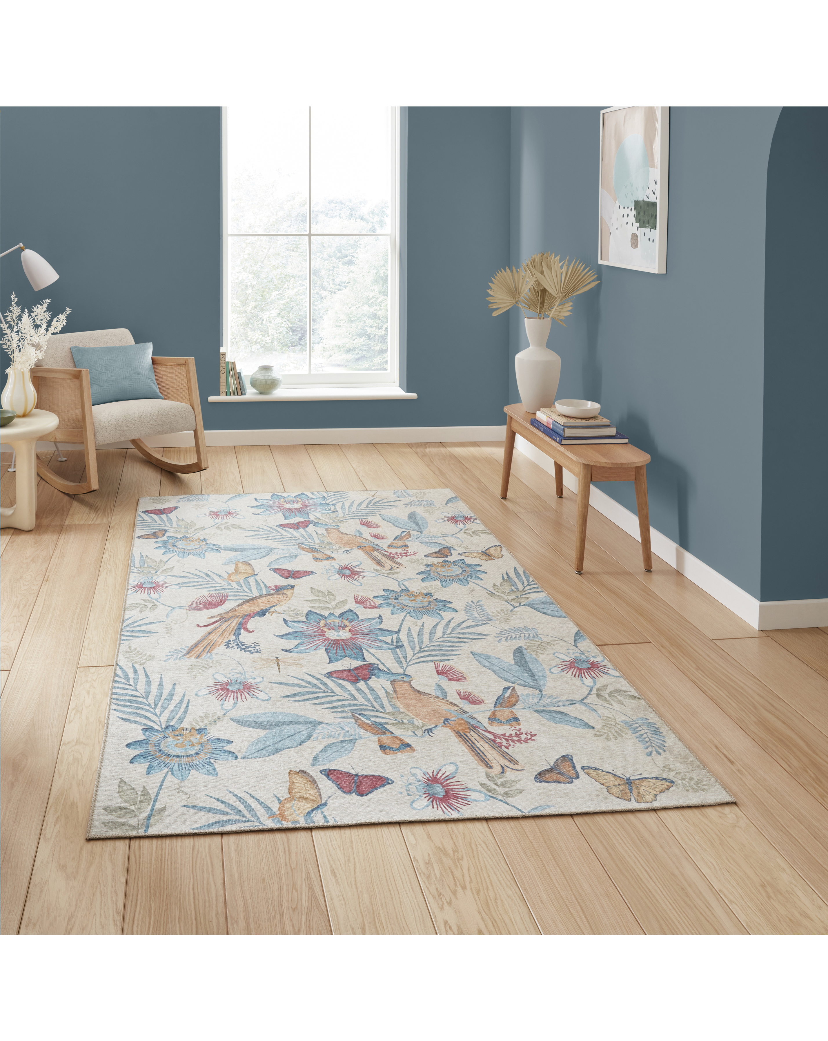 Catherine Lansfield Amaya Birds Rug Purple - 150x230cm - Polyester Flatweave - Machine Washable