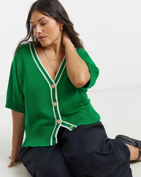 Short Sleeve Cardigan with Contrast Trim