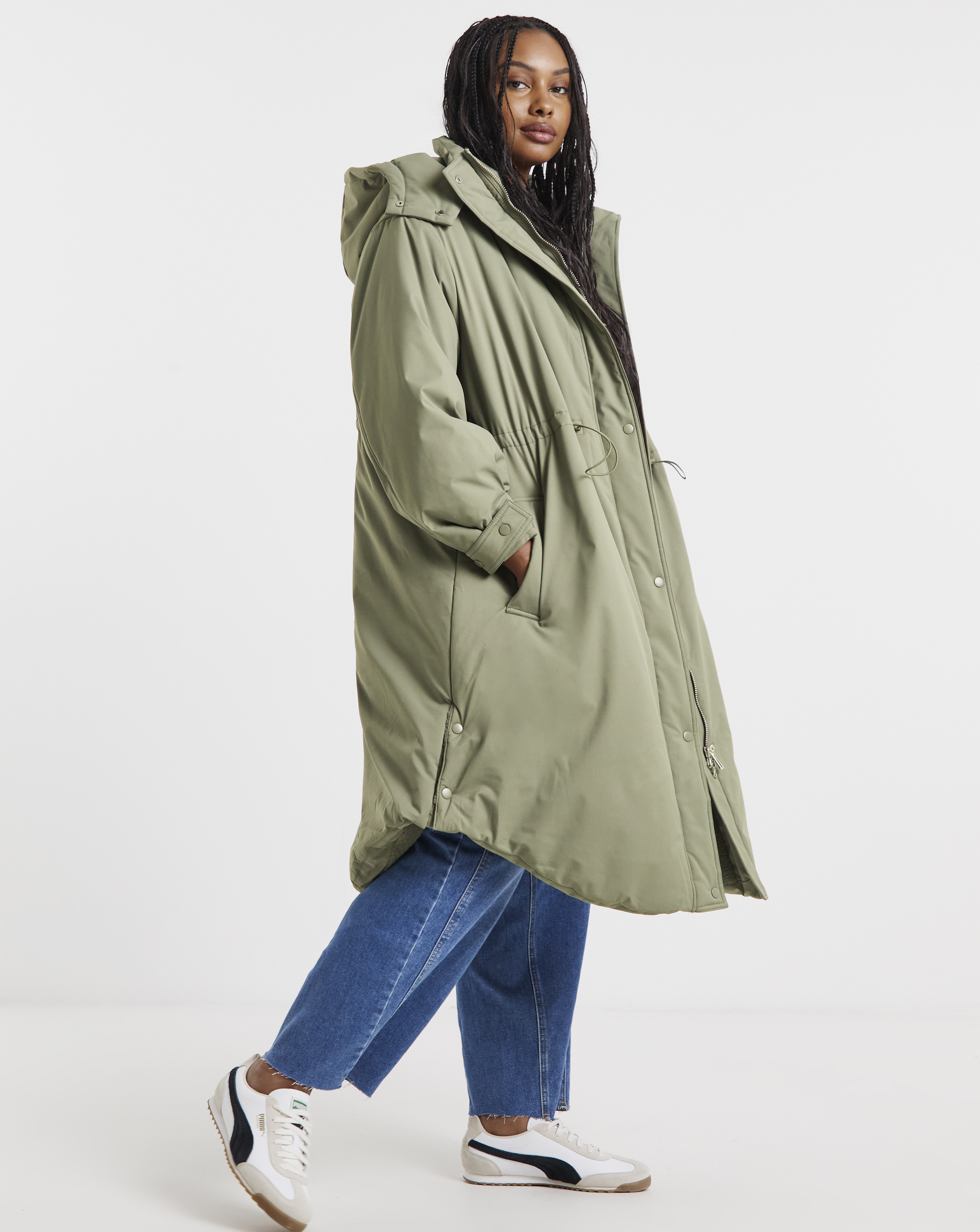 Khaki Fleece Lined Padded Parka Coat - Image