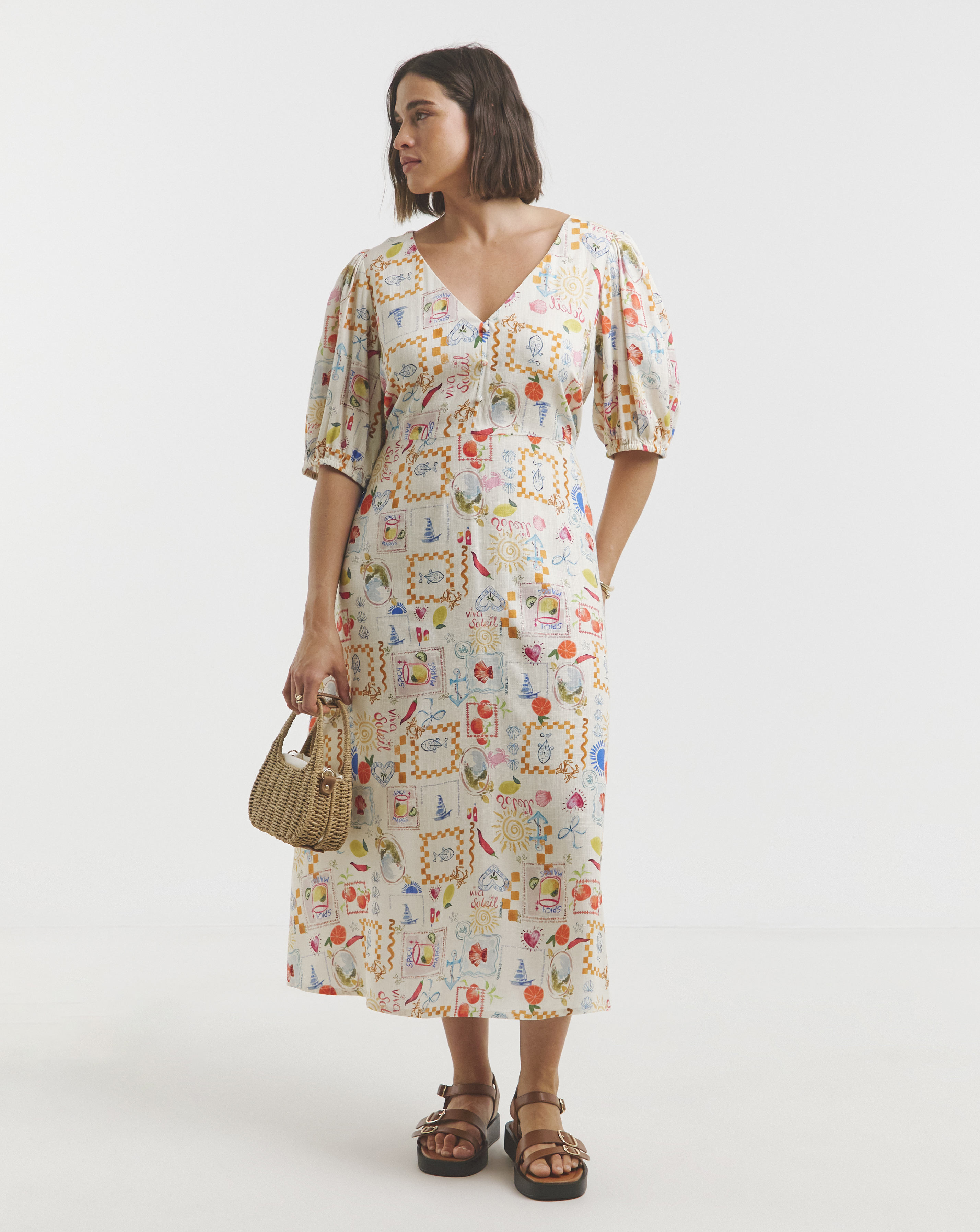 Print Linen Blend Midi Dress