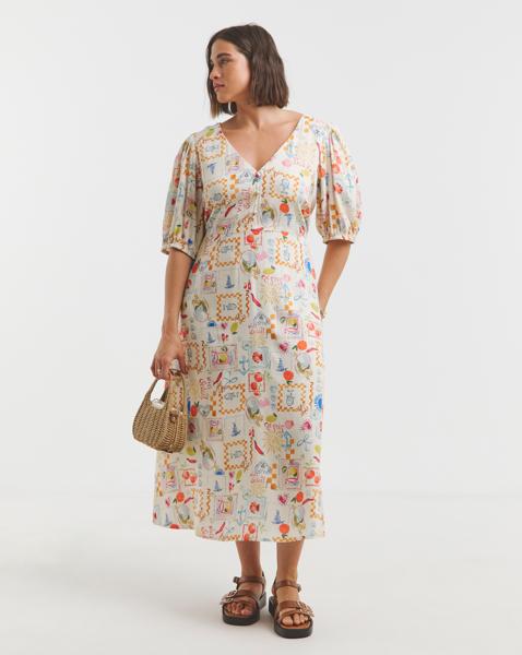 Simply Be - Women's Print Linen Blend Midi Dress - Size 12 - Multi - 80% Viscose 20% Linen
