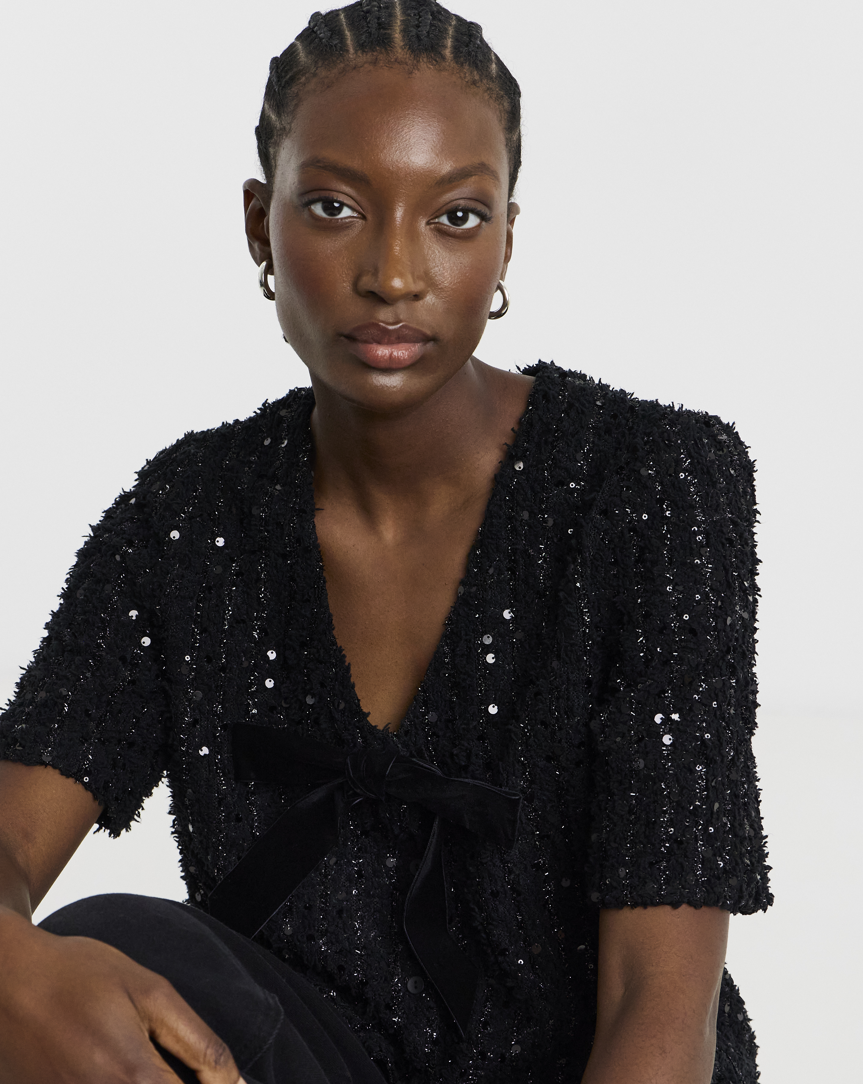 Fluffy Sequin Bow Front Top