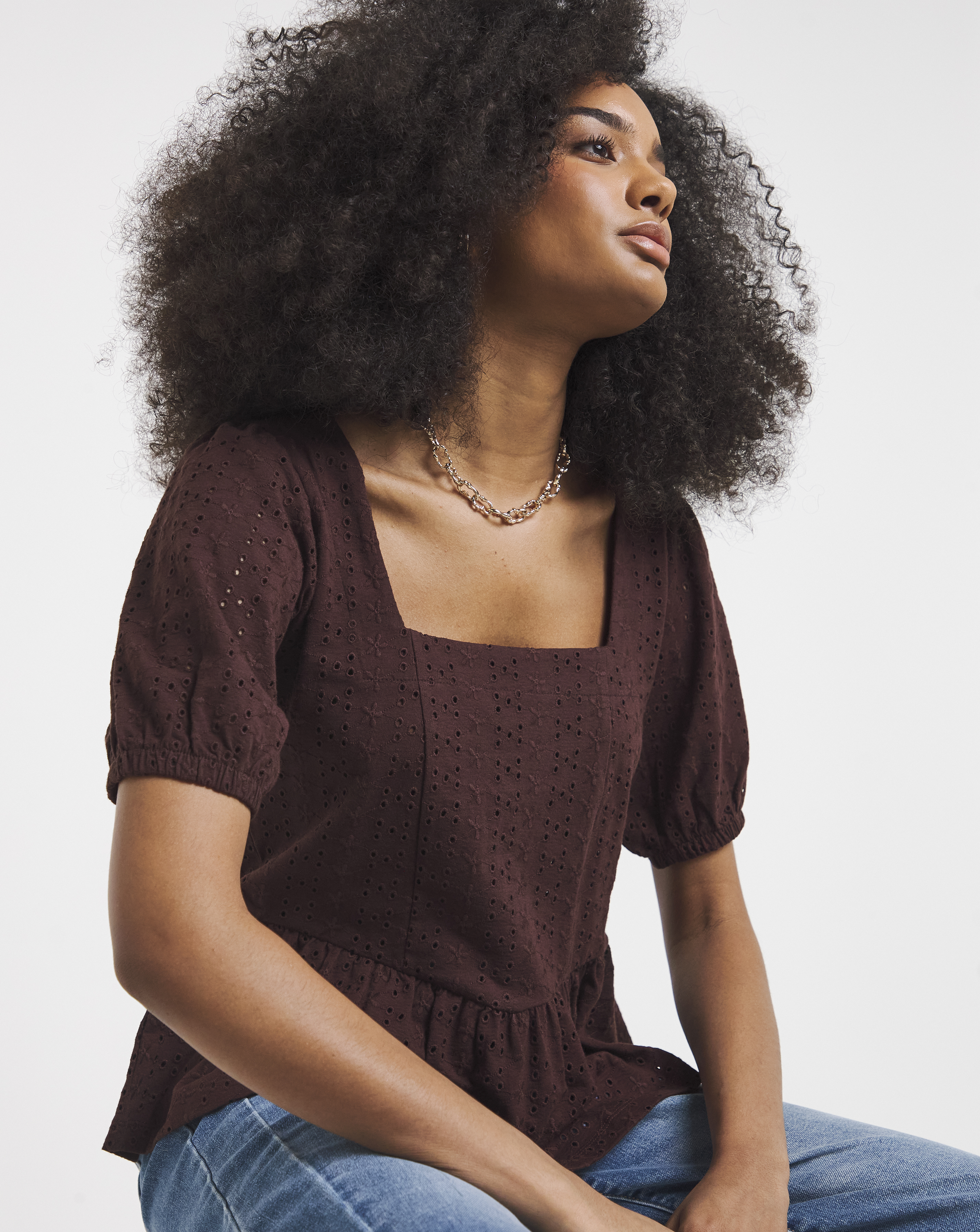 Stretch Broderie Square Neck Peplum